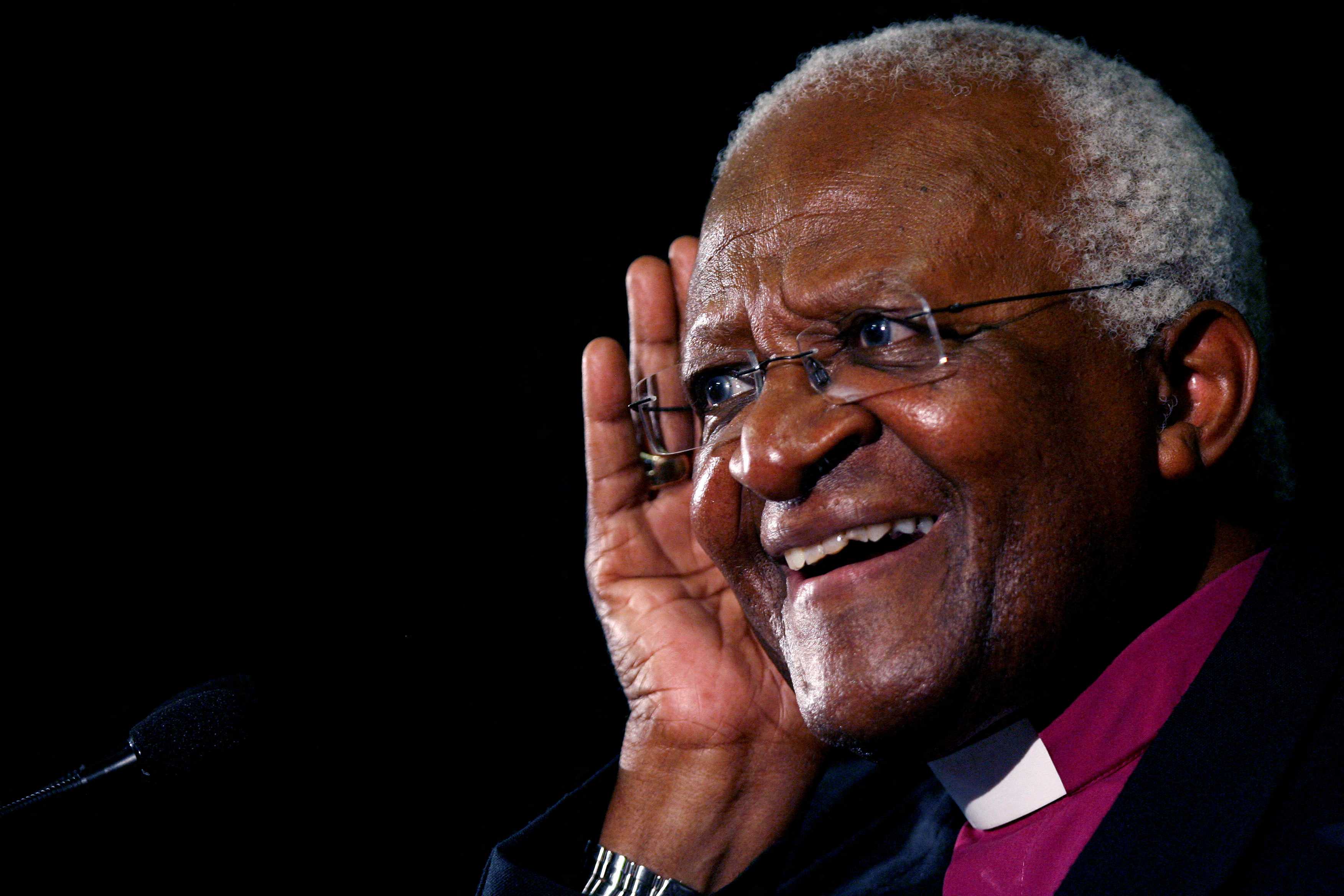 Archbishop Desmond Tutu gestures at the launch of a human rights campaign marking the 60th anniversary of the signing of the Universal Declaration of Human Rights