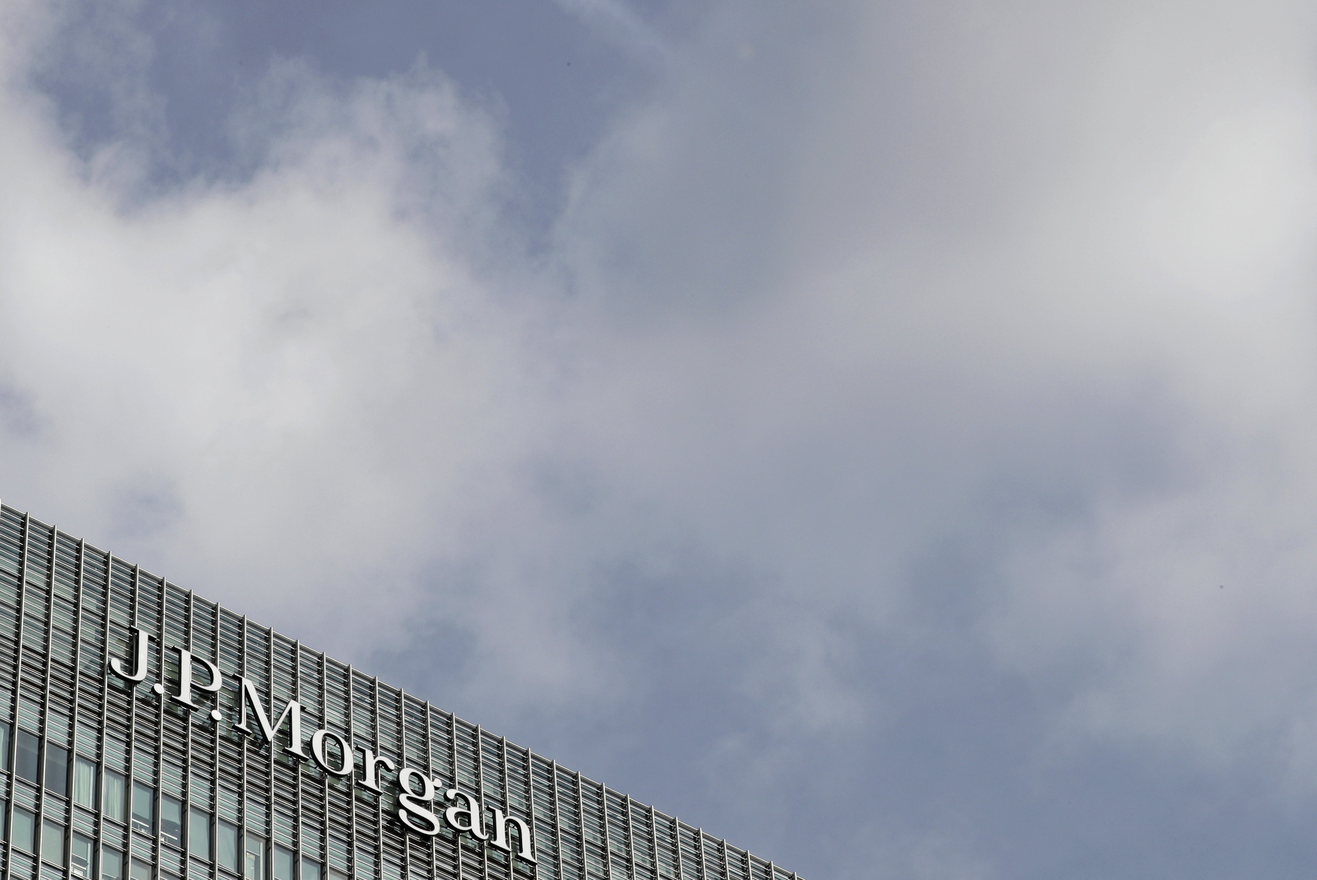 The J.P. Morgan logo is seen at their offices at Canary Wharf financial district in London