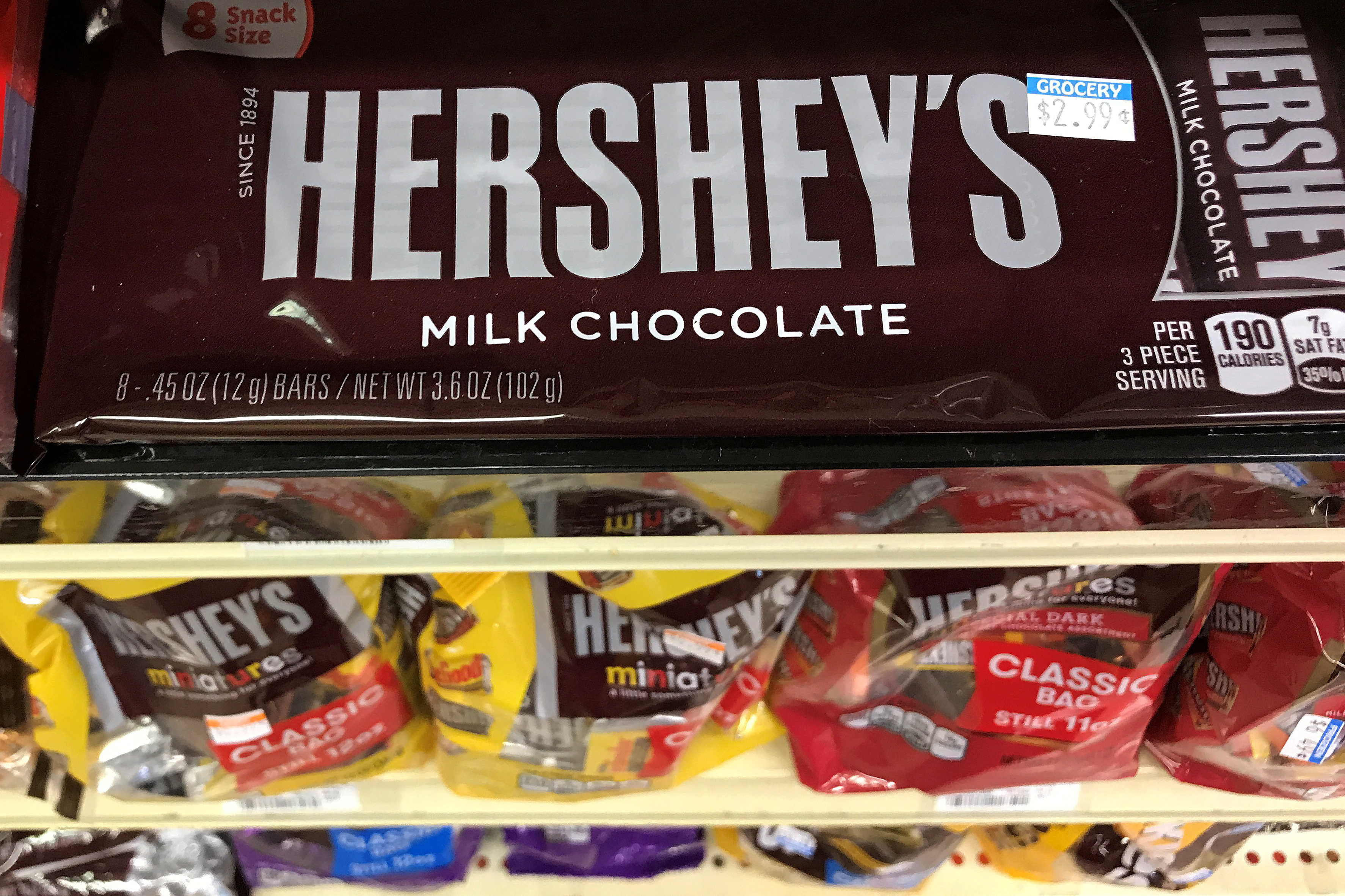 Hershey's chocolates are pictured for sale on a store shelf in the Manhattan borough of New York City