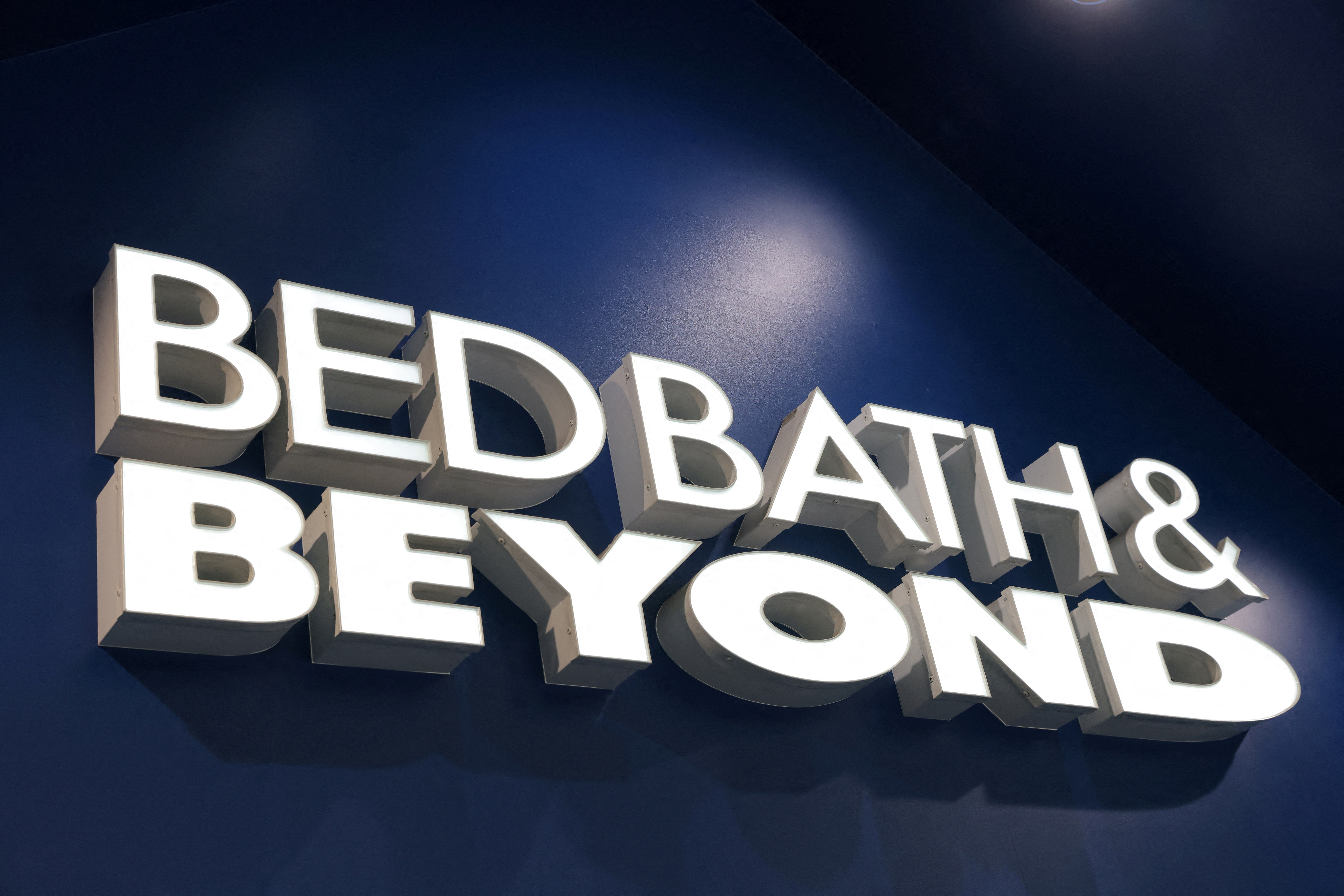 Signs are visible at the Bed Bath & Beyond store in Manhattan, New York