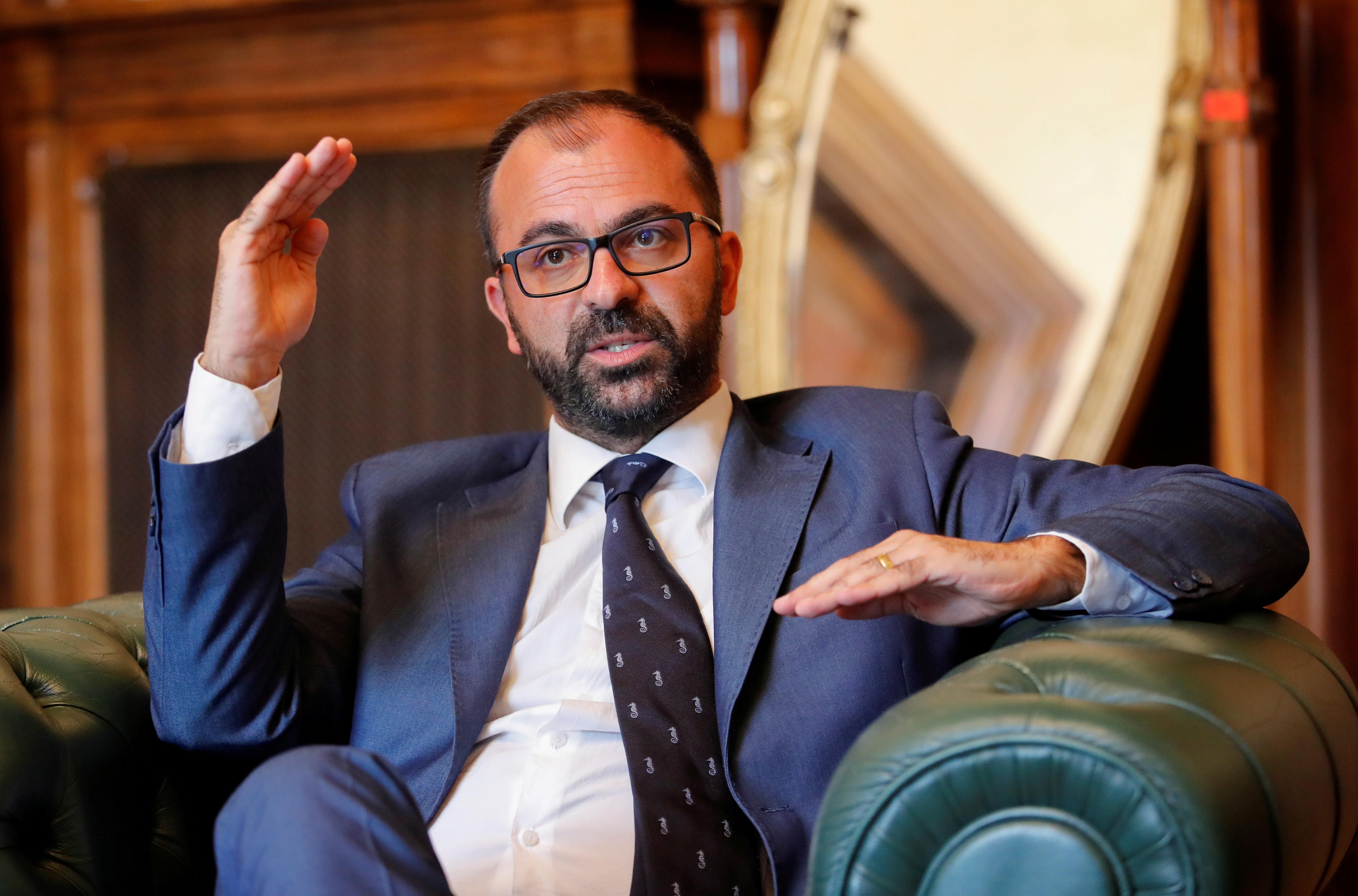 Italy's Education Minister Lorenzo Fioramonti gestures during an interview with Reuters in Rome