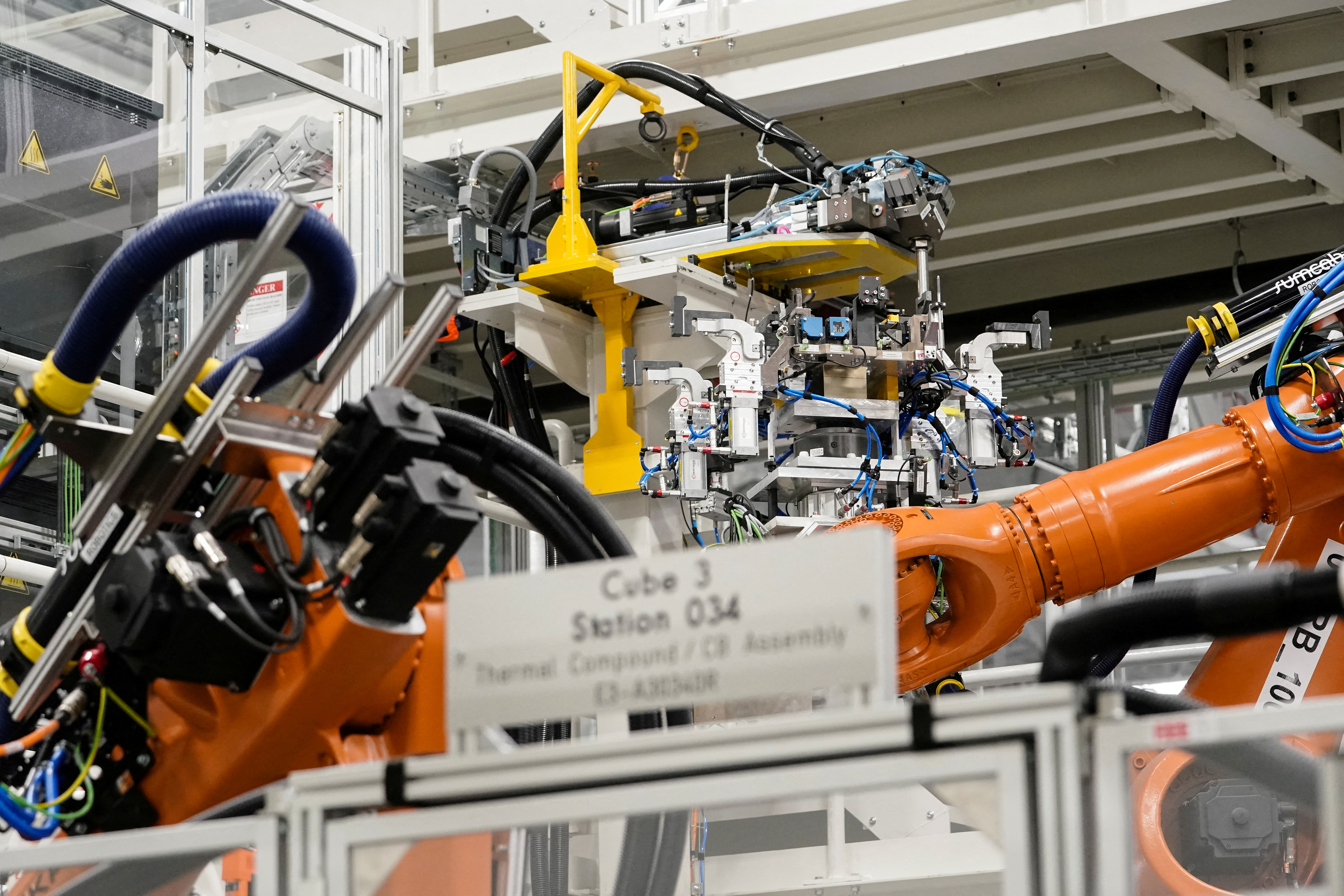 The electric vehicle battery tray assembly line is seen at the opening of the Battery Factory for the Mercedes-Benz plant in Alabama