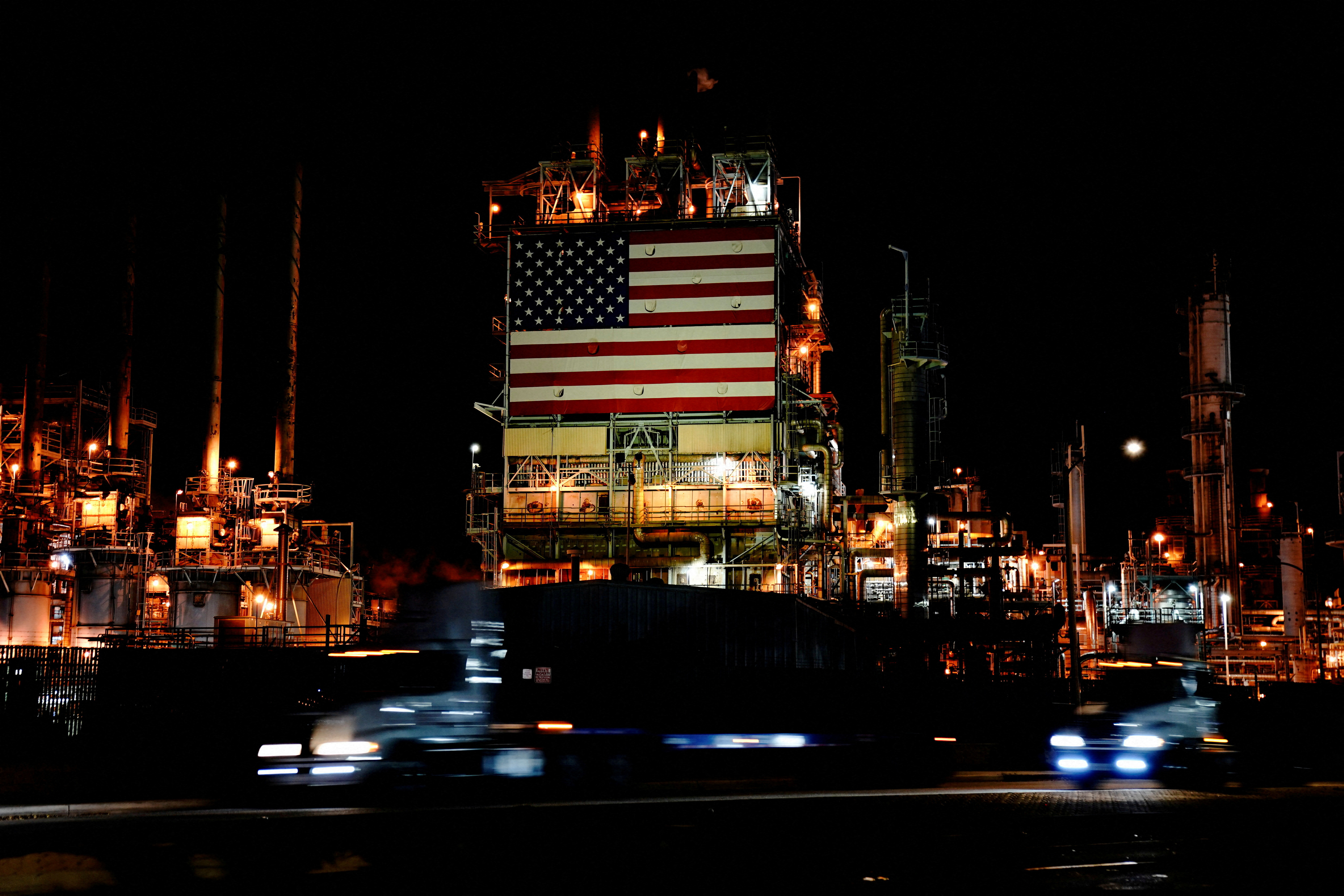 Giant U.S. flag outside Marathon's Los Angeles Refinery in Carson, California