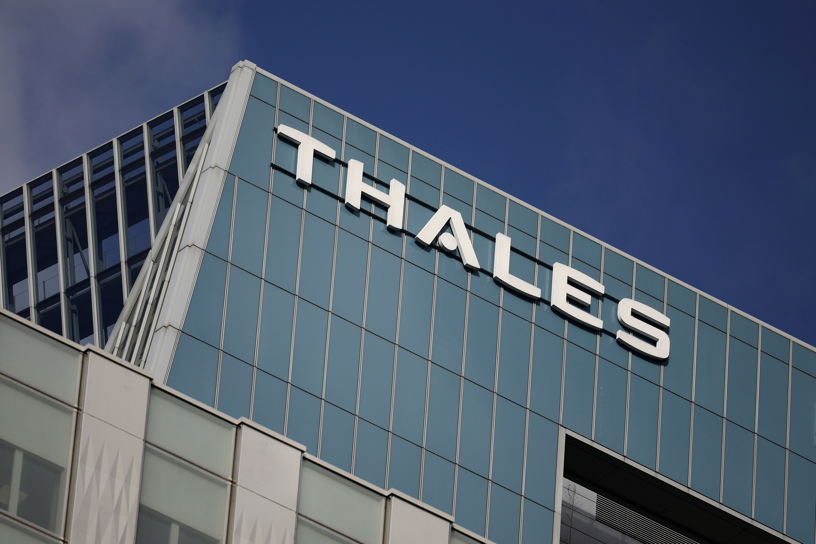 The logo of French defence and electronics group Thales is seen in La Defense business district near Paris
