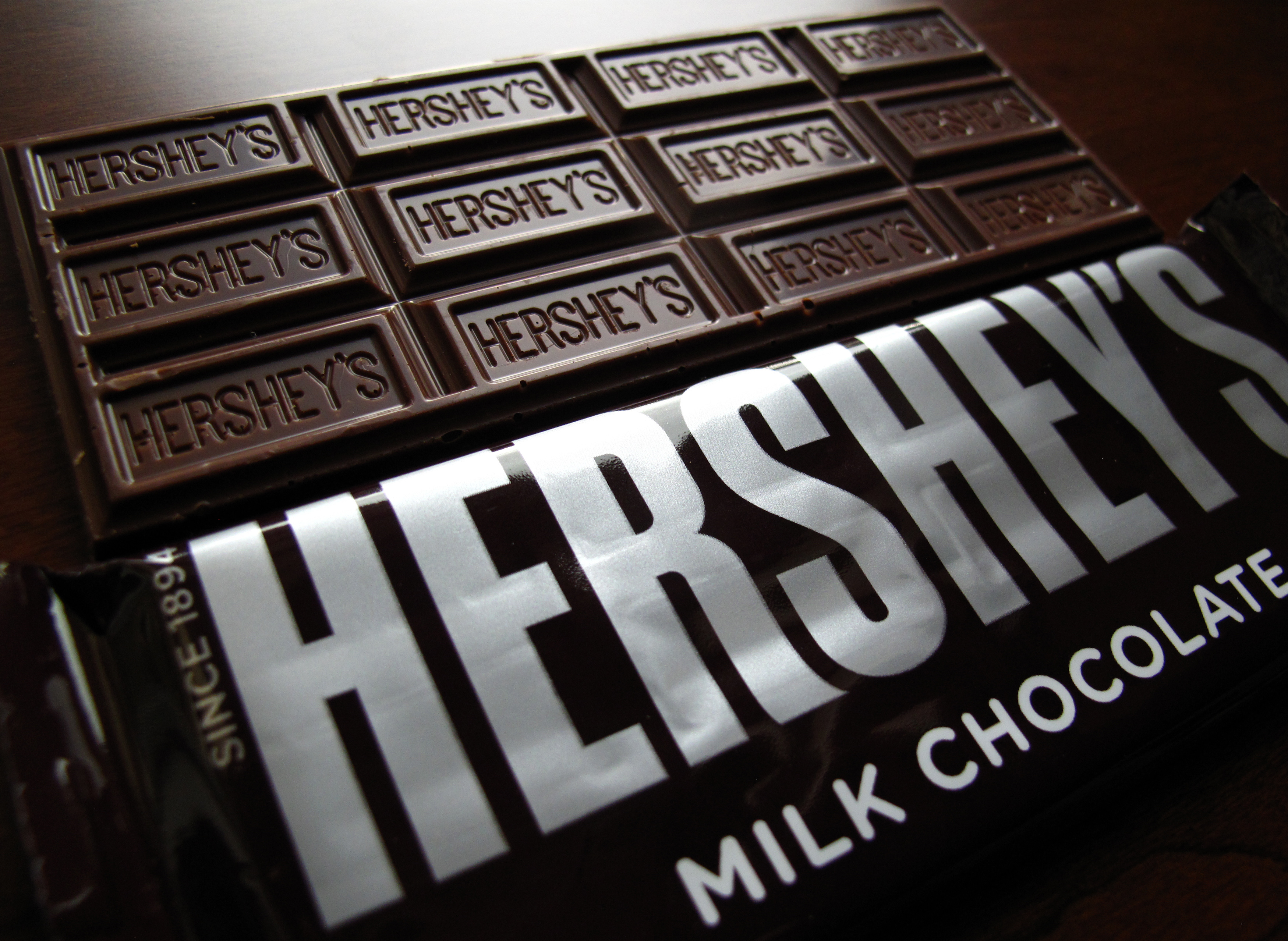 Hershey's chocolate bars are shown in this photo illustration in Encinitas, California January 29, 2015.  Chocolate maker Hershey Co reported a lower-than-expected quarterly revenue as demand for bakery and meat snacks hurt chocolate sales.   REUTERS/Mike Blake  (UNITED STATES - Tags: BUSINESS LOGO)
