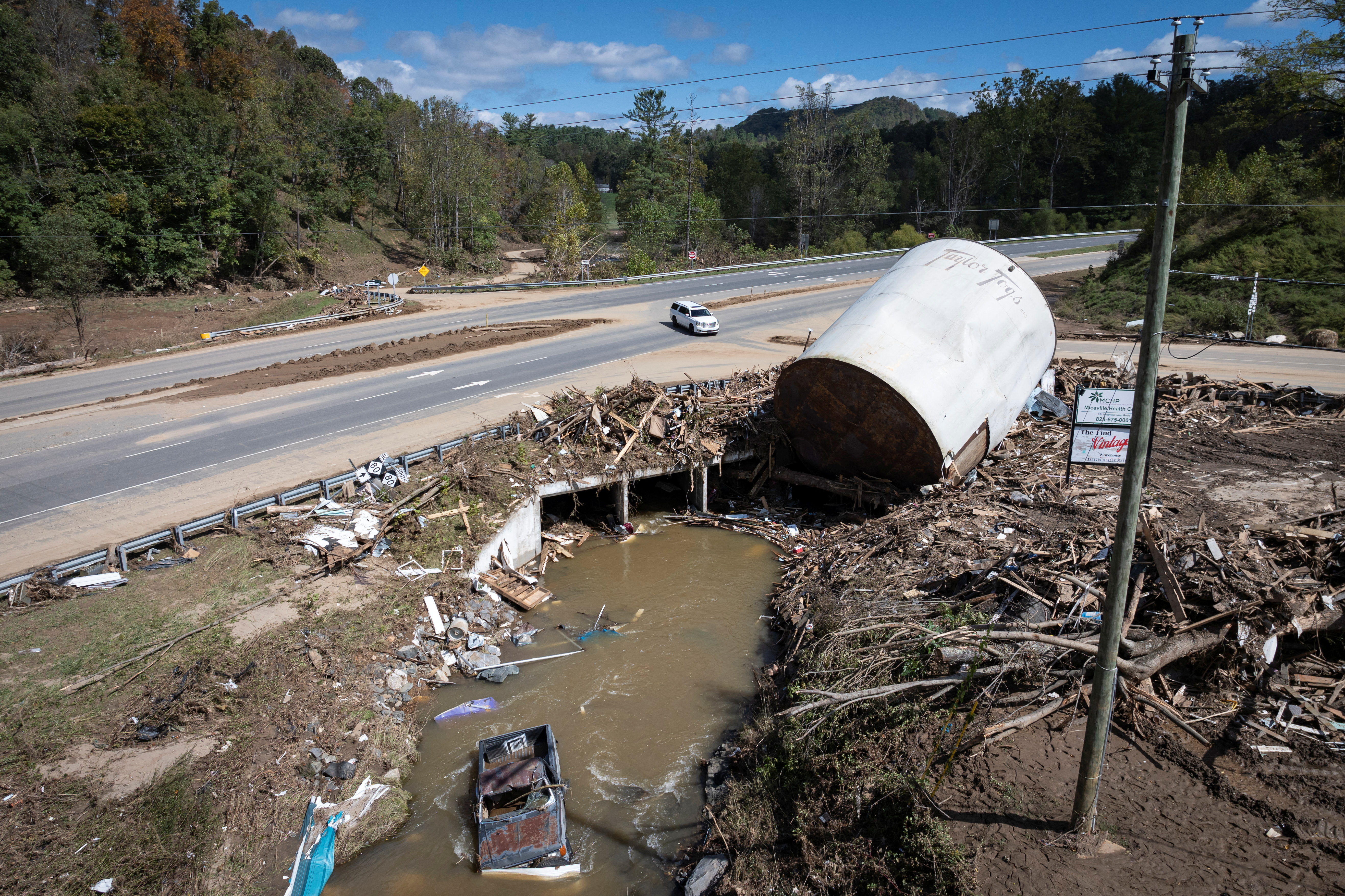 A drone view shows a damaged area following the passing of Hurricane Helene, in Burnsville, North Carolina, U.S., October 2, 2024. REUTERS/Marco Bello