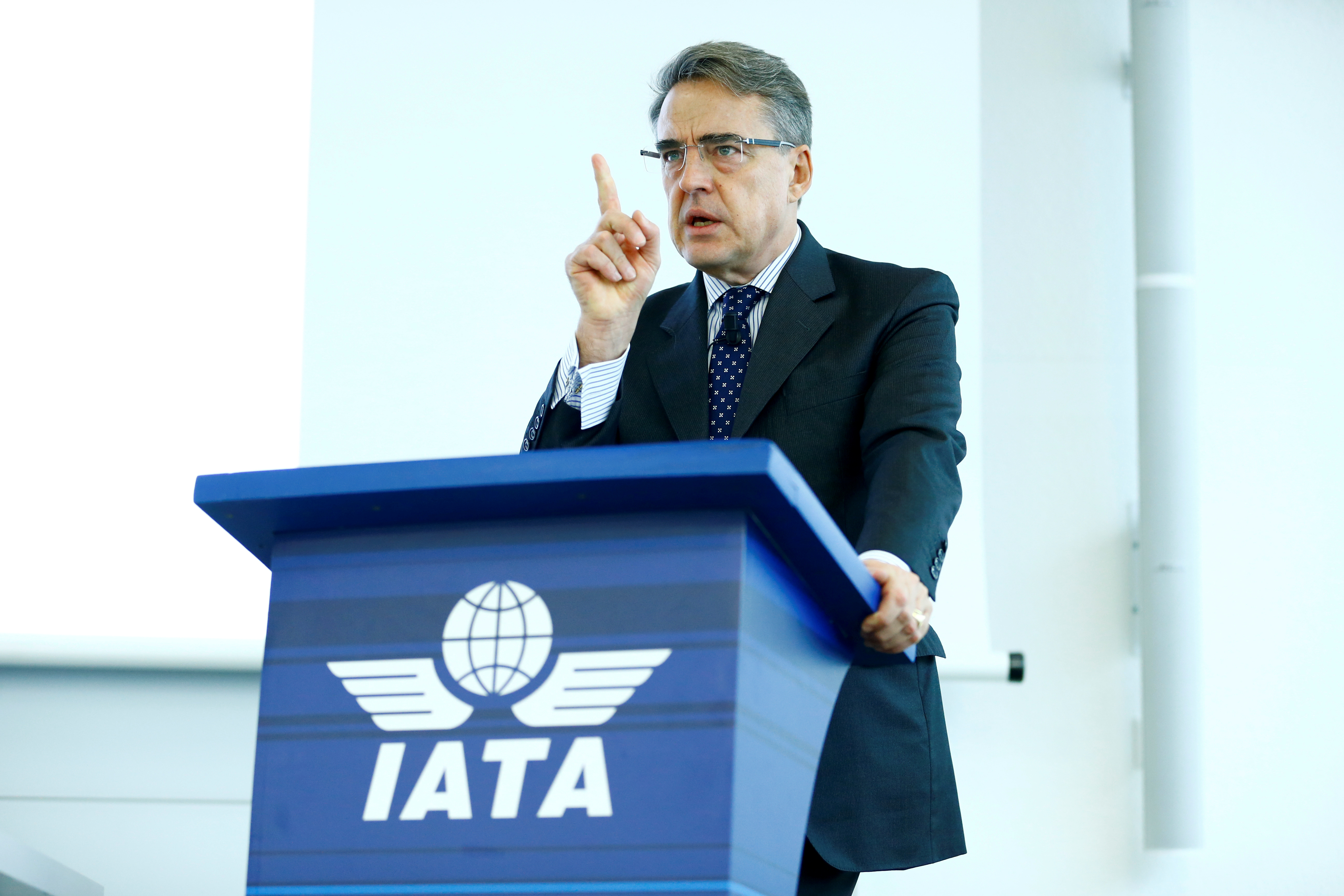 IATA Director General Alexandre de Juniac speaks during the Global Media Day in Geneva