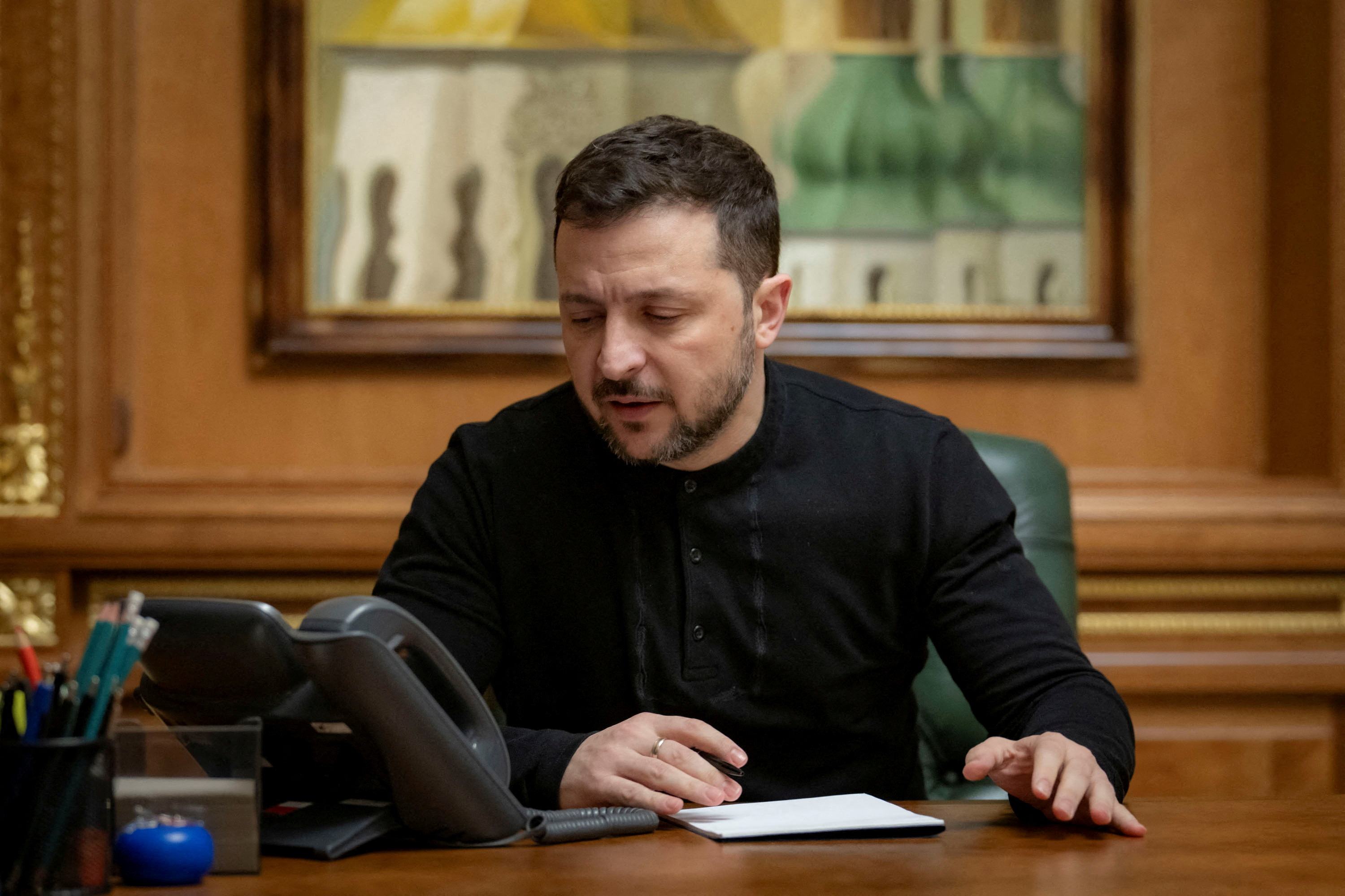 Ukrainian President Volodymyr Zelenskyy engages in a telephone conversation with U.S. President Donald Trump from Kyiv
