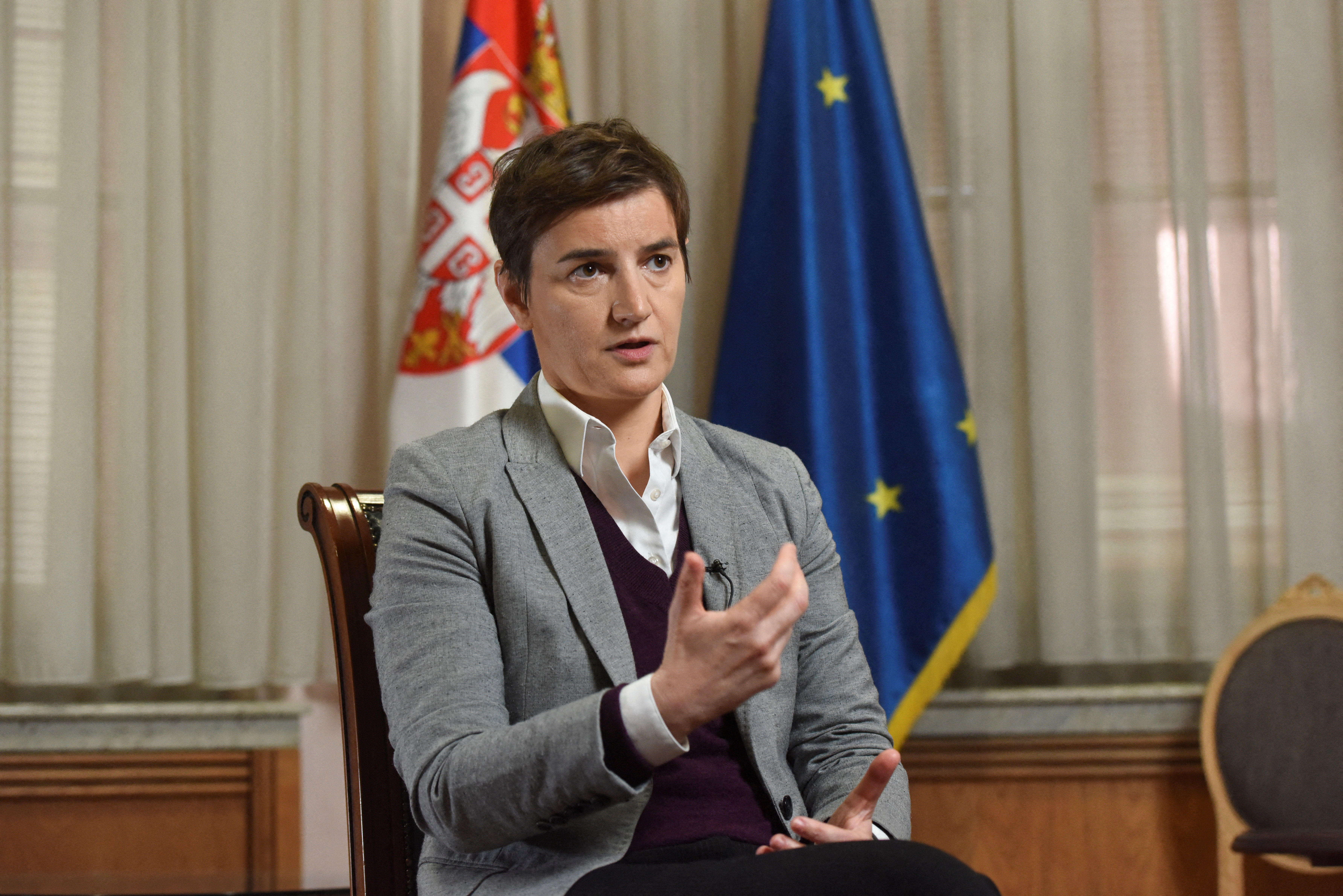 Serbian PM Ana Brnabic speaks during interview with Reuters, in Belgrade