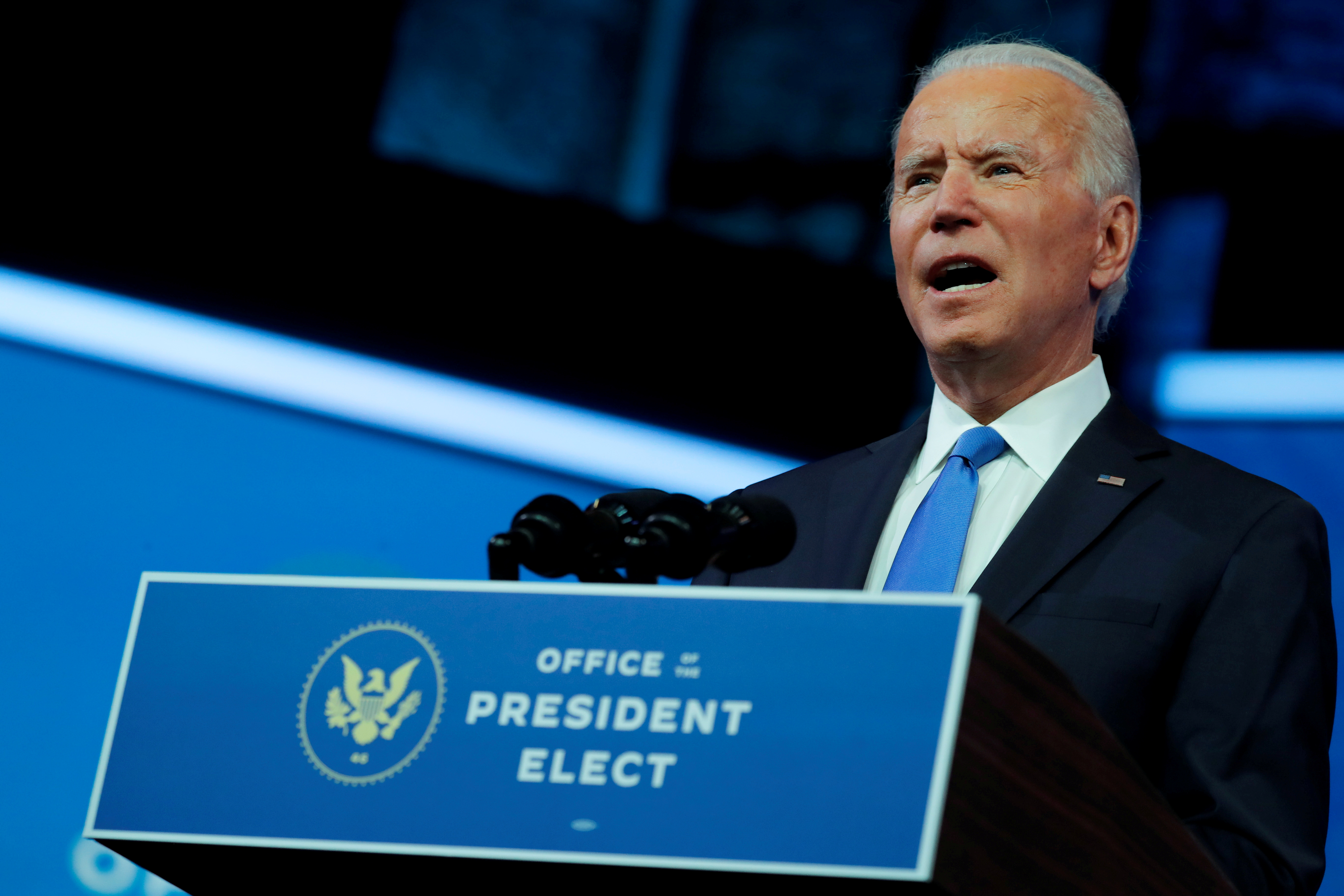 U.S. President-elect Joe Biden delivers a televised address to the nation in Wilmington
