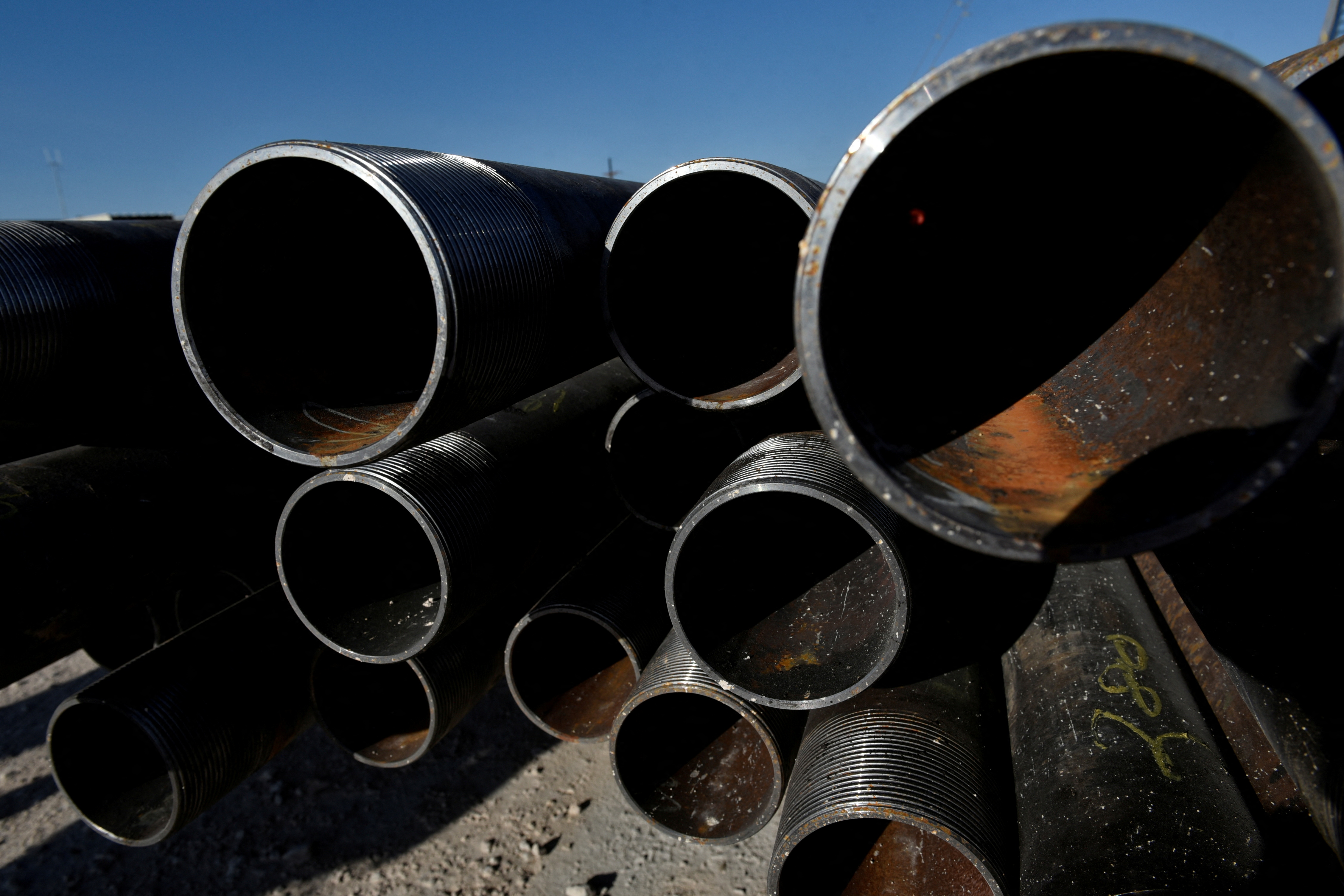 Drill pipe is seen on an oil lease owned by Oasis Petroleum in the Permian Basin near Wink