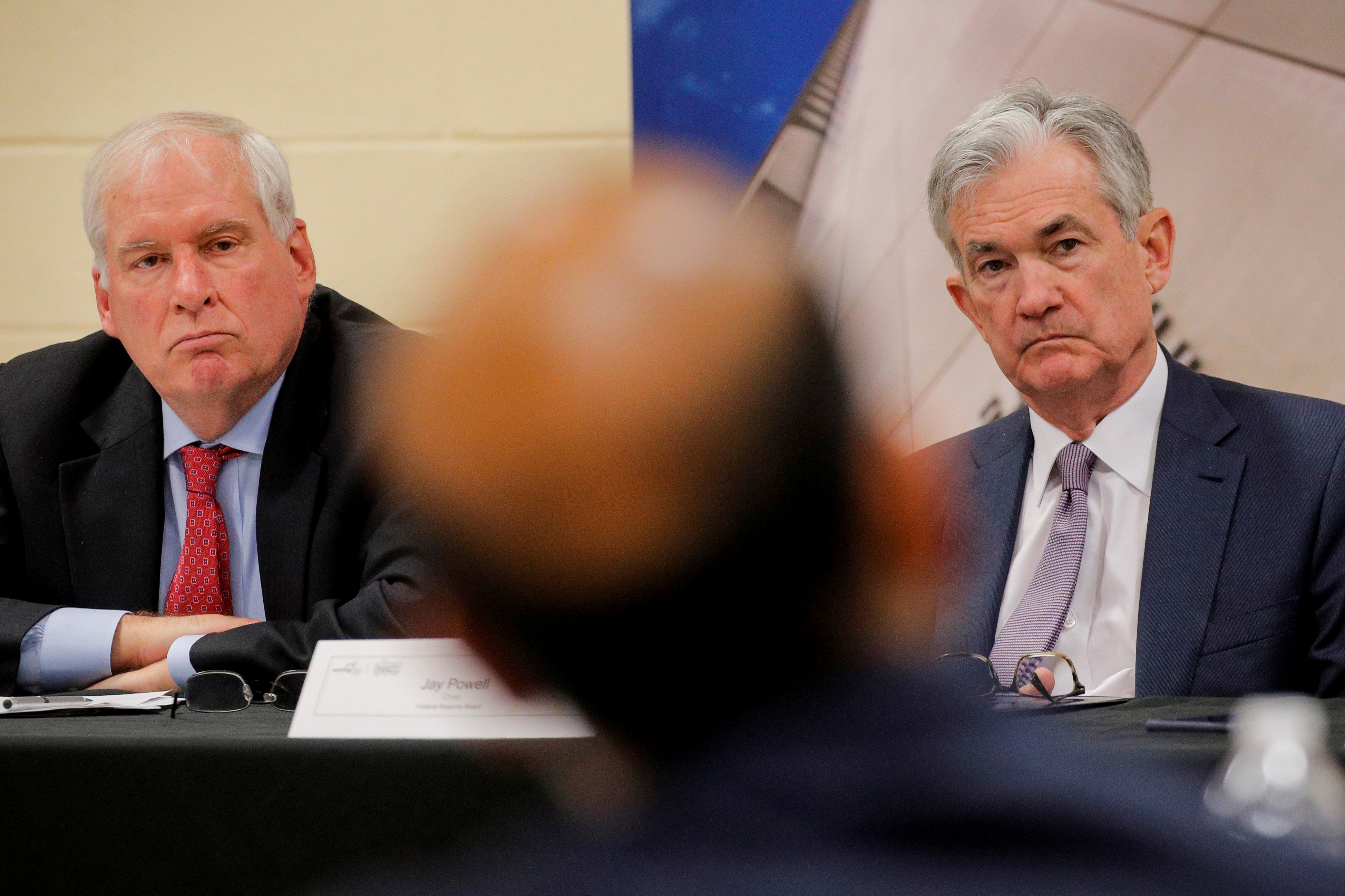 U.S. Federal Reserve Chair Jerome Powell and then-Boston Fed President Eric Rosengren attend a presentation in East Hartford, Connecticut, U.S., November 25, 2019. REUTERS/Brendan McDermid