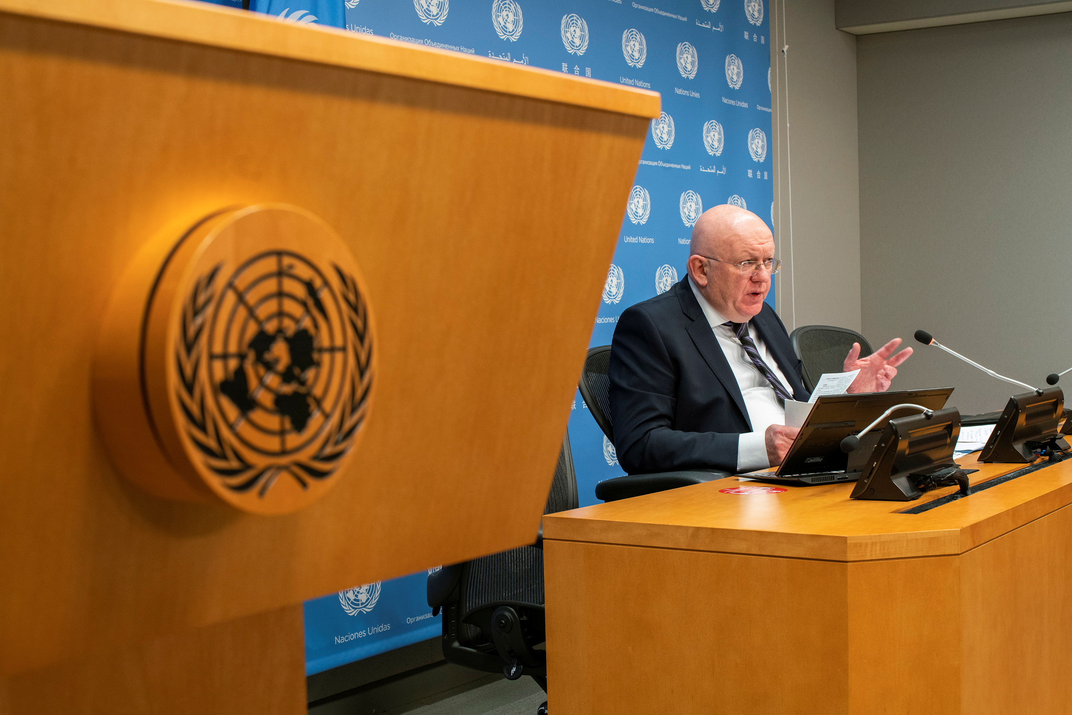 Russian U.N. Ambassador Vassily Nebenzia attends a news conference at the United Nations Headquarters in New York