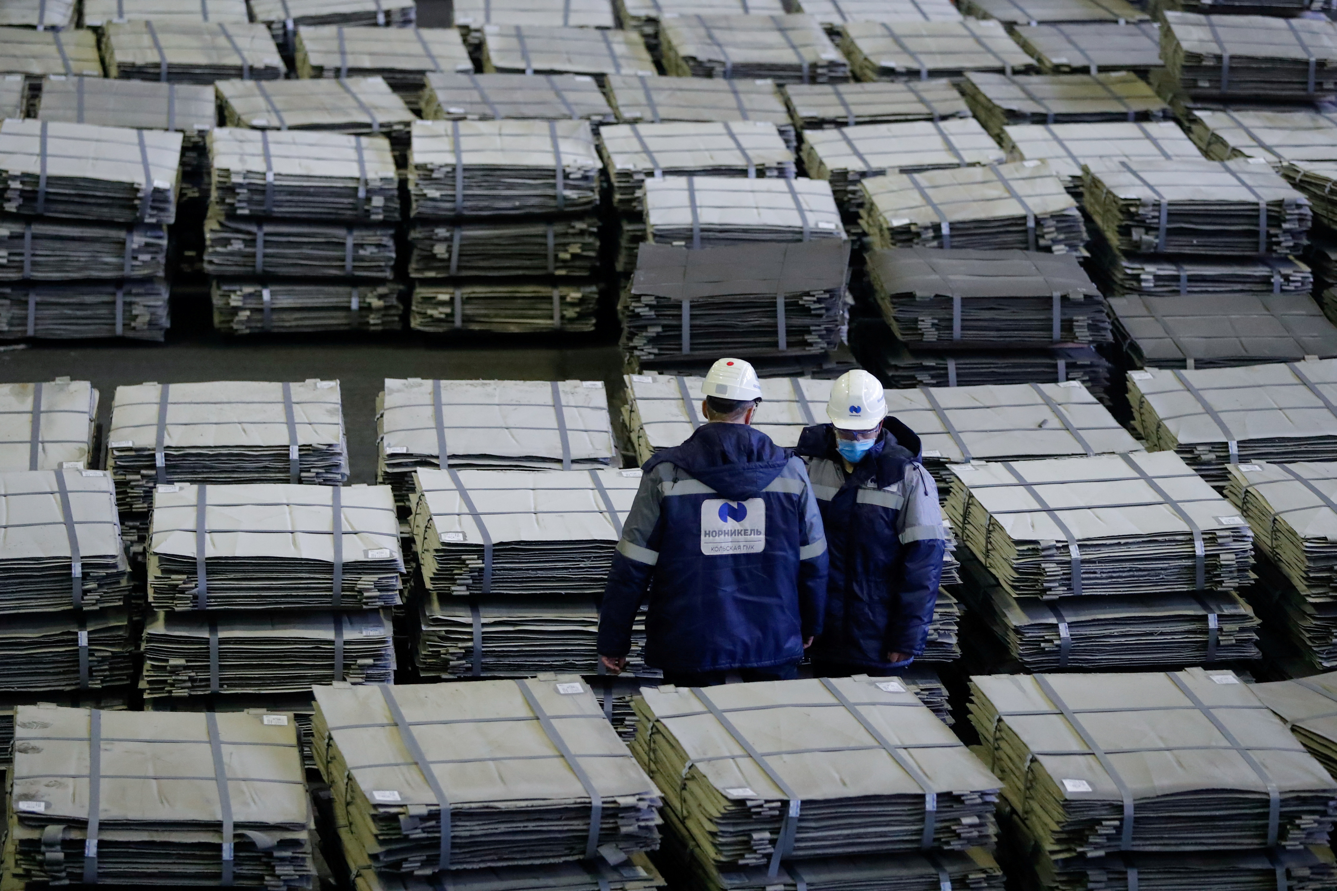 A view shows nickel sheets at Kola Mining and Metallurgical Company in Monchegorsk