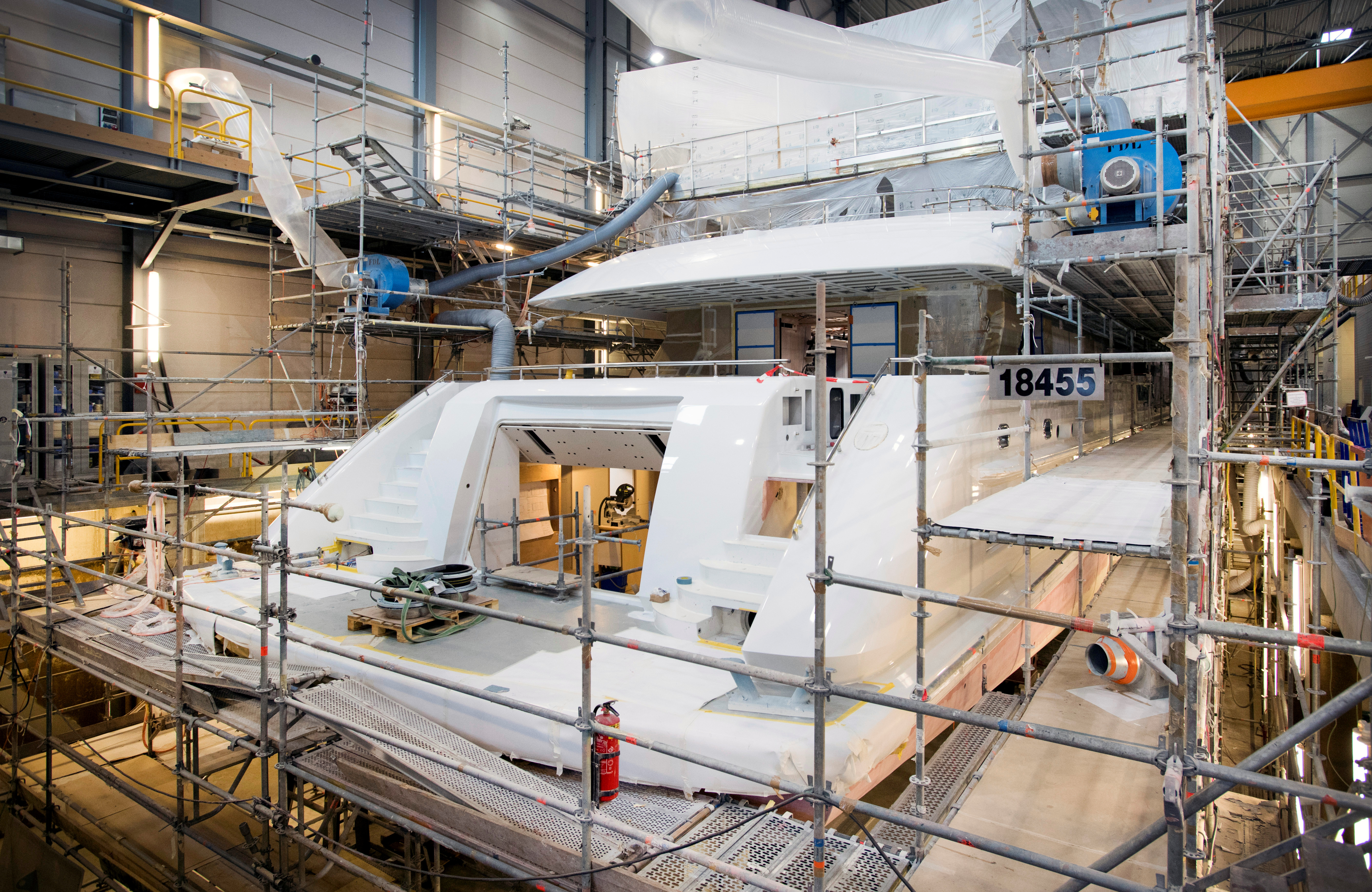 A yacht is seen under construction at the Heesen Yachts shipyard in Oss