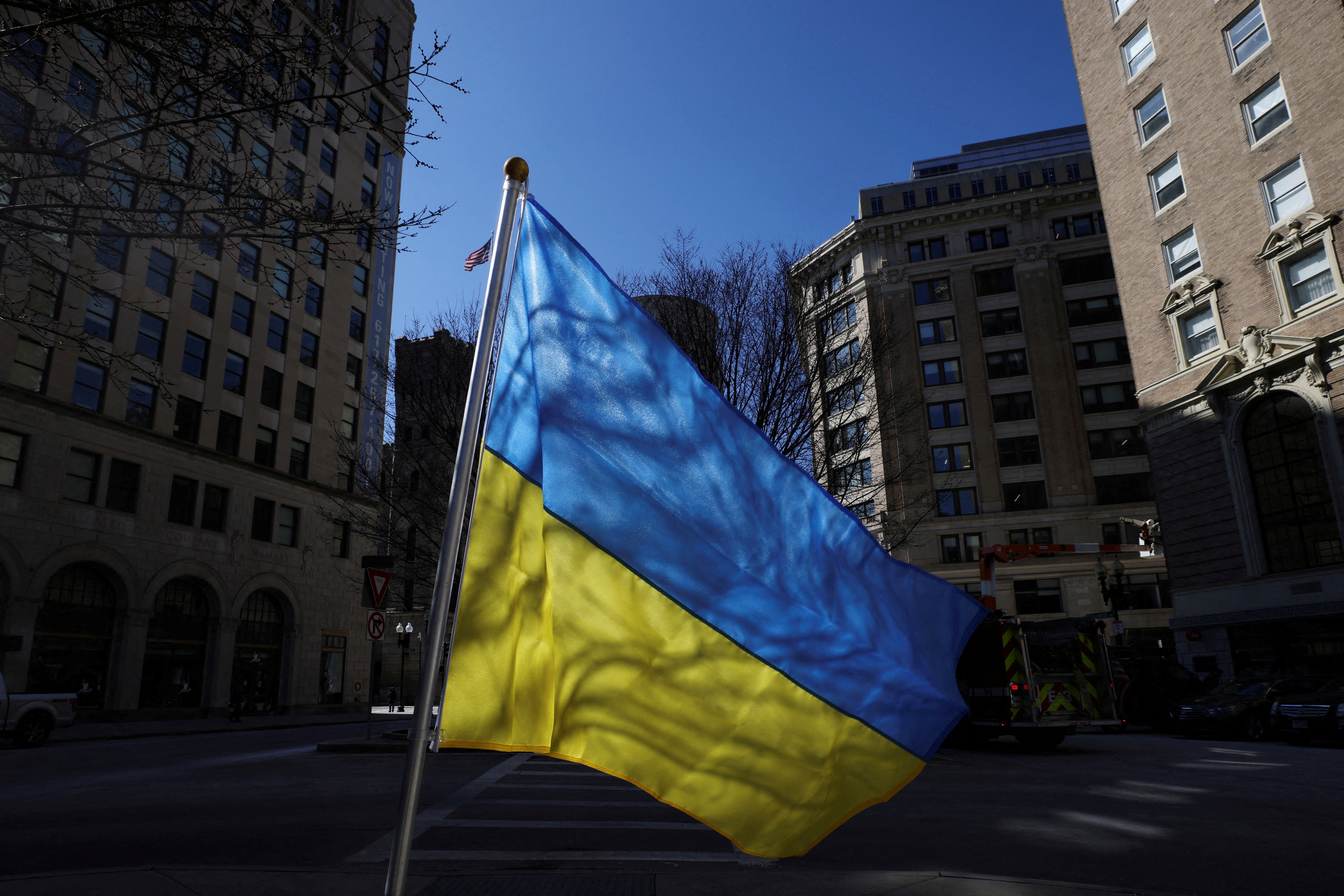 A Ukrainian flag flies in Boston
