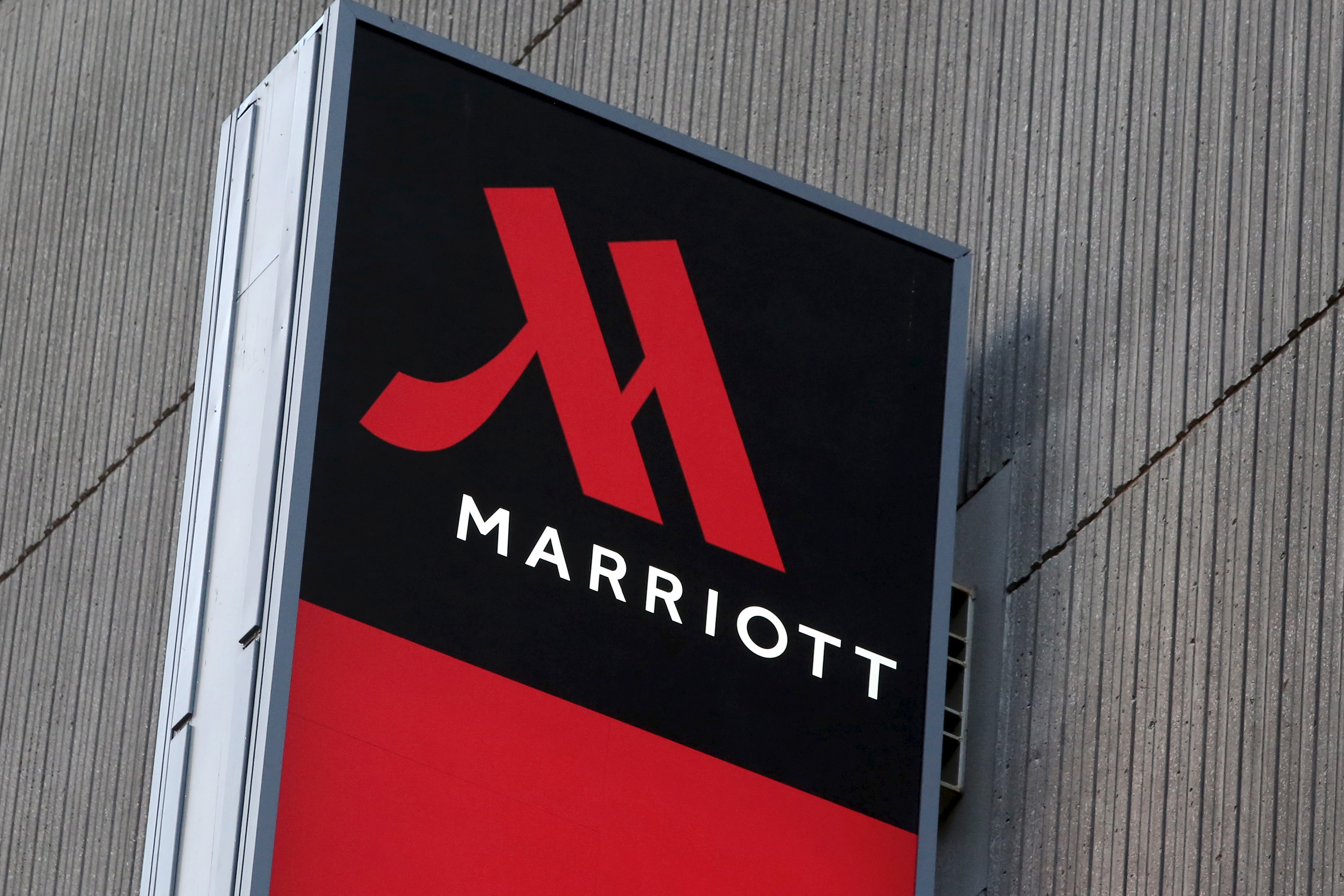 Signage for the New York Marriott Marquis is seen in Manhattan, New York