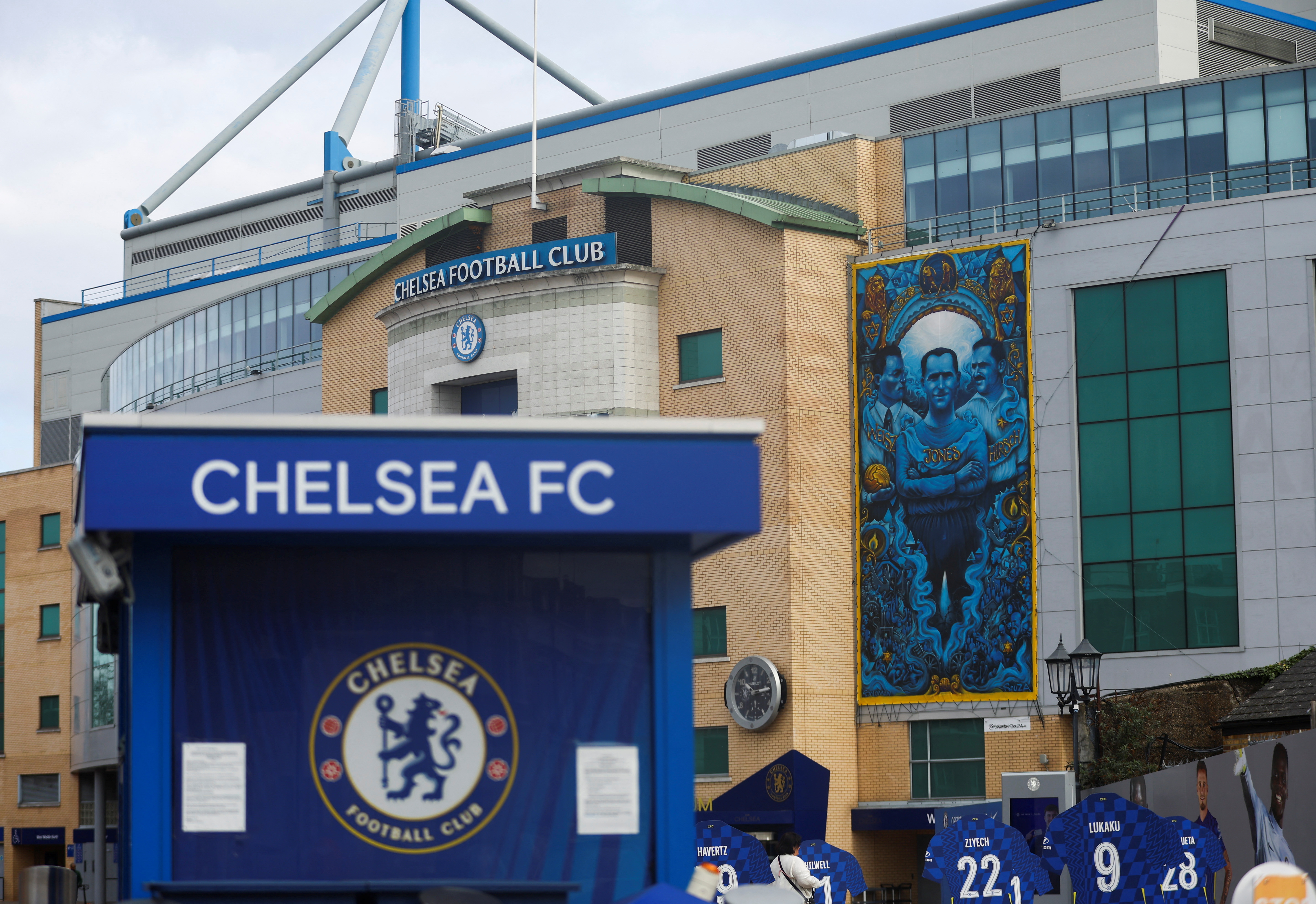 Views outside Chelsea FC after Britain imposed sanctions on its Russian owner, Roman Abramovich
