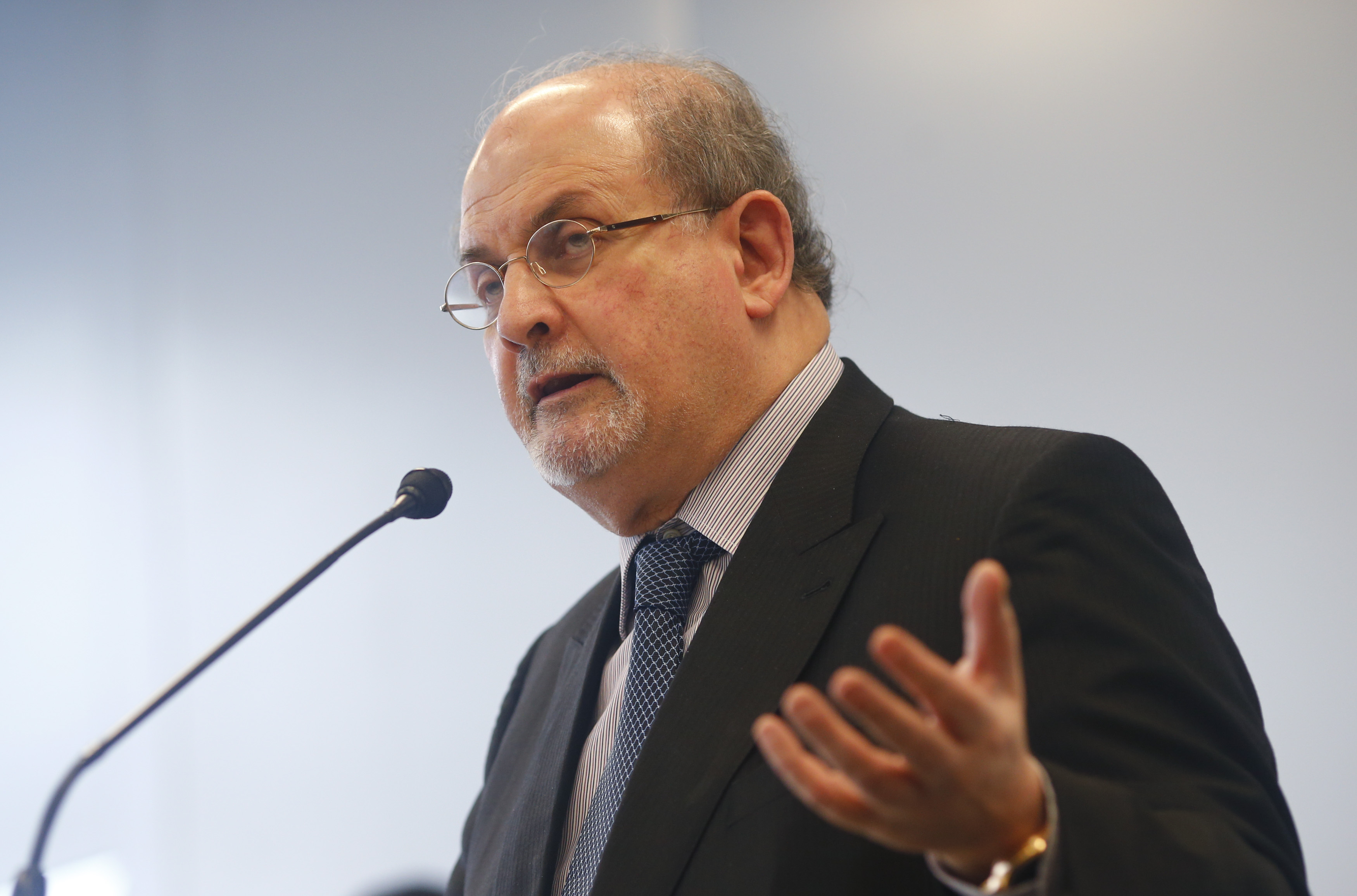 Author Rushdie speaks during the opening news conference of the Frankfurt book fair