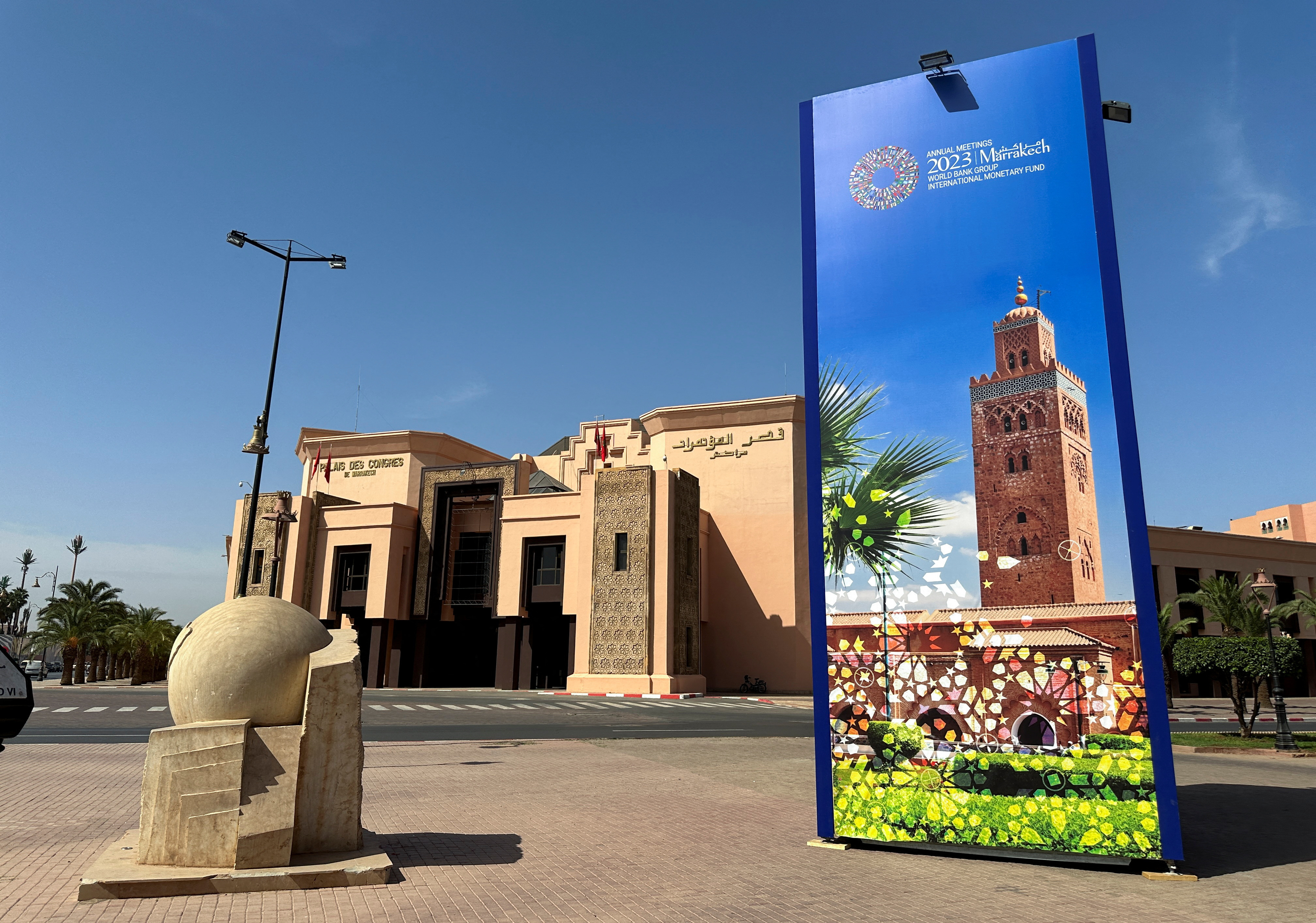 A view of an advertising billboard for the upcoming annual meetings of the IMF and the World Bank, in Marrakech