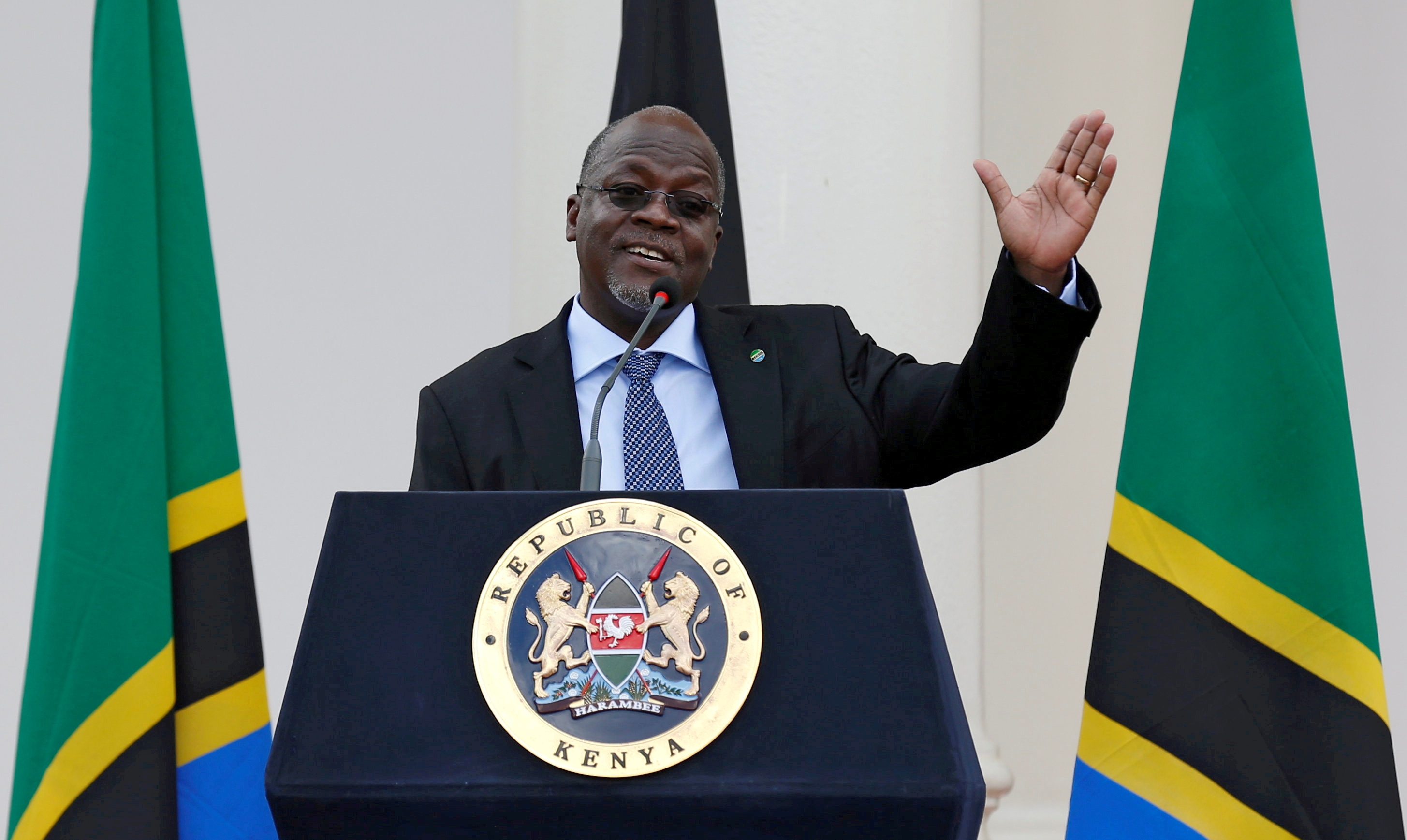 Tanzania's President Magufuli addresses a news conference during his official visit to Nairobi
