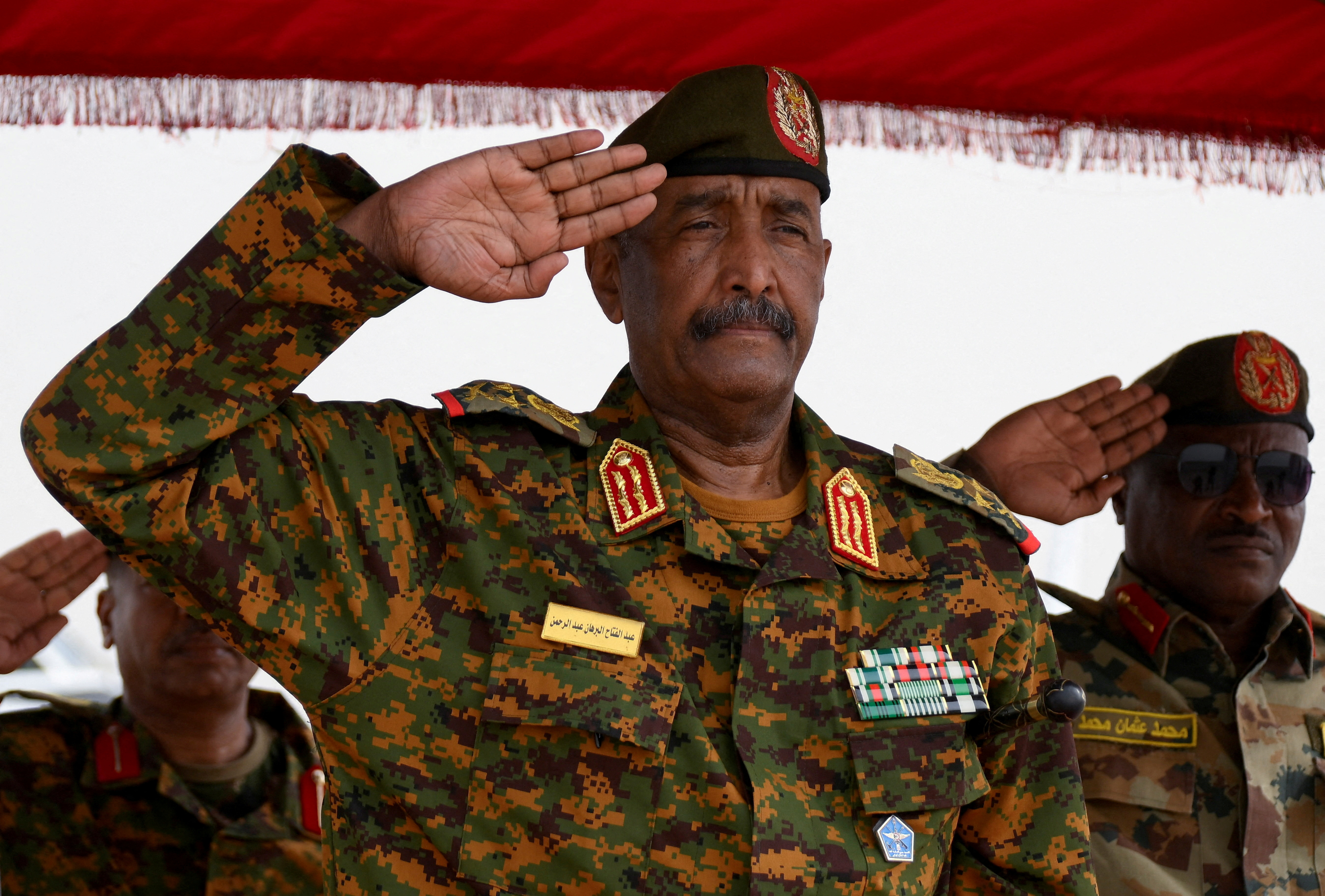 Sudan's military ruler Burhan arrives to the city of Port Sudan on his first trip away following the crisis in Sudan capital Khartoum