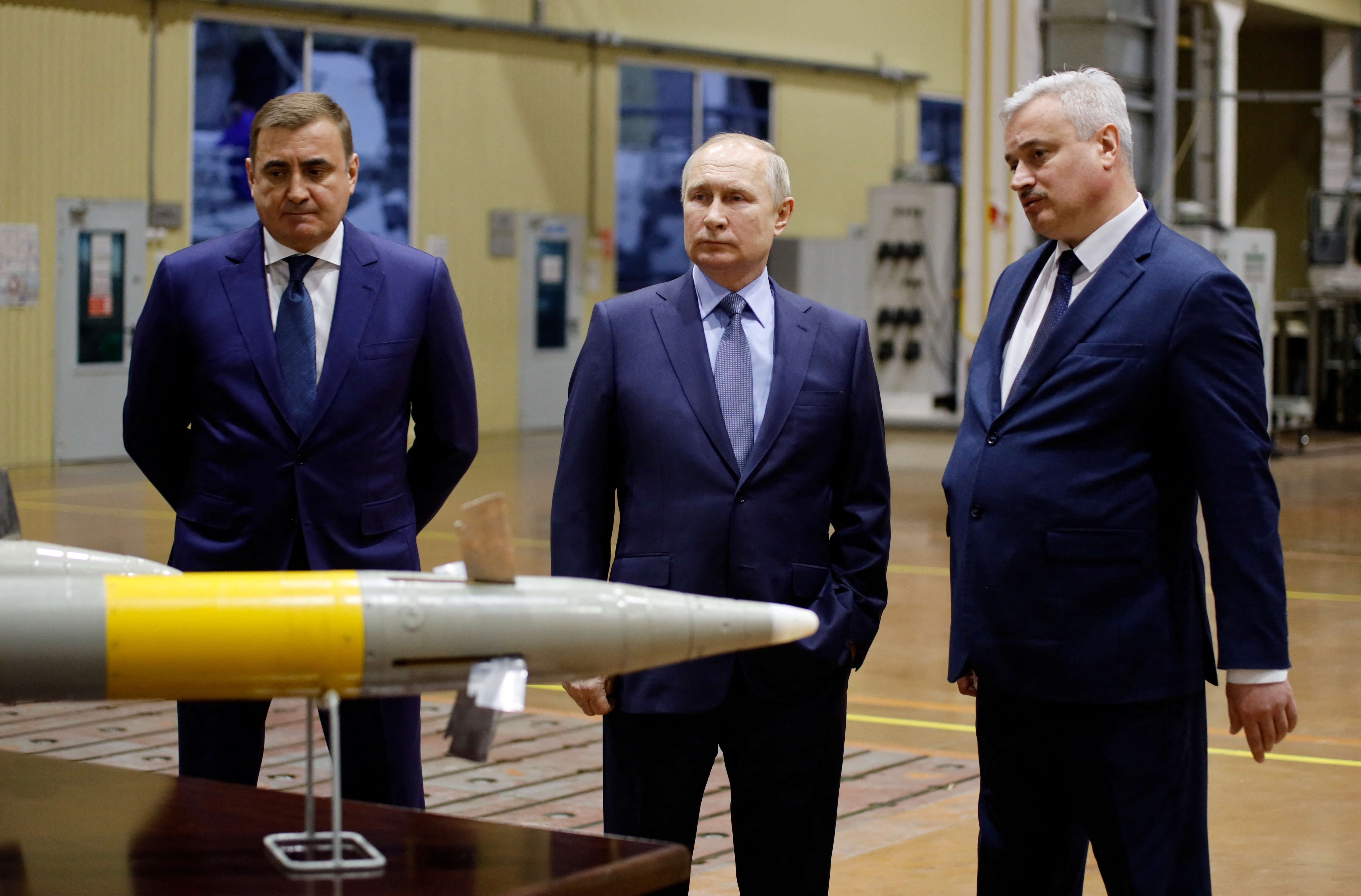 Russian President Vladimir Putin visits the Shcheglovsky Val machine building plant, in Tula