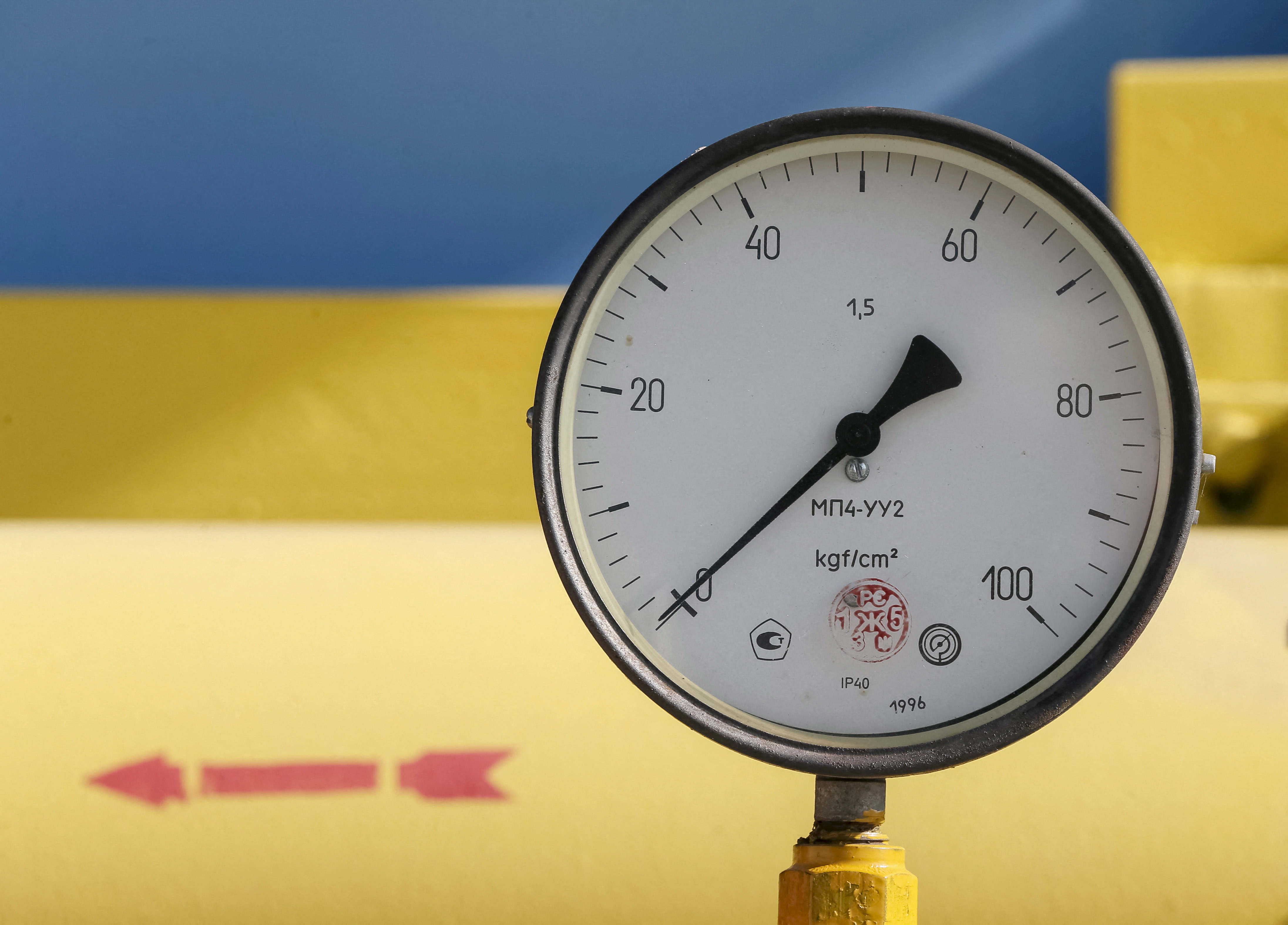A pressure gauge is seen at a gas compressor station and underground gas storage facility in the village of Mryn