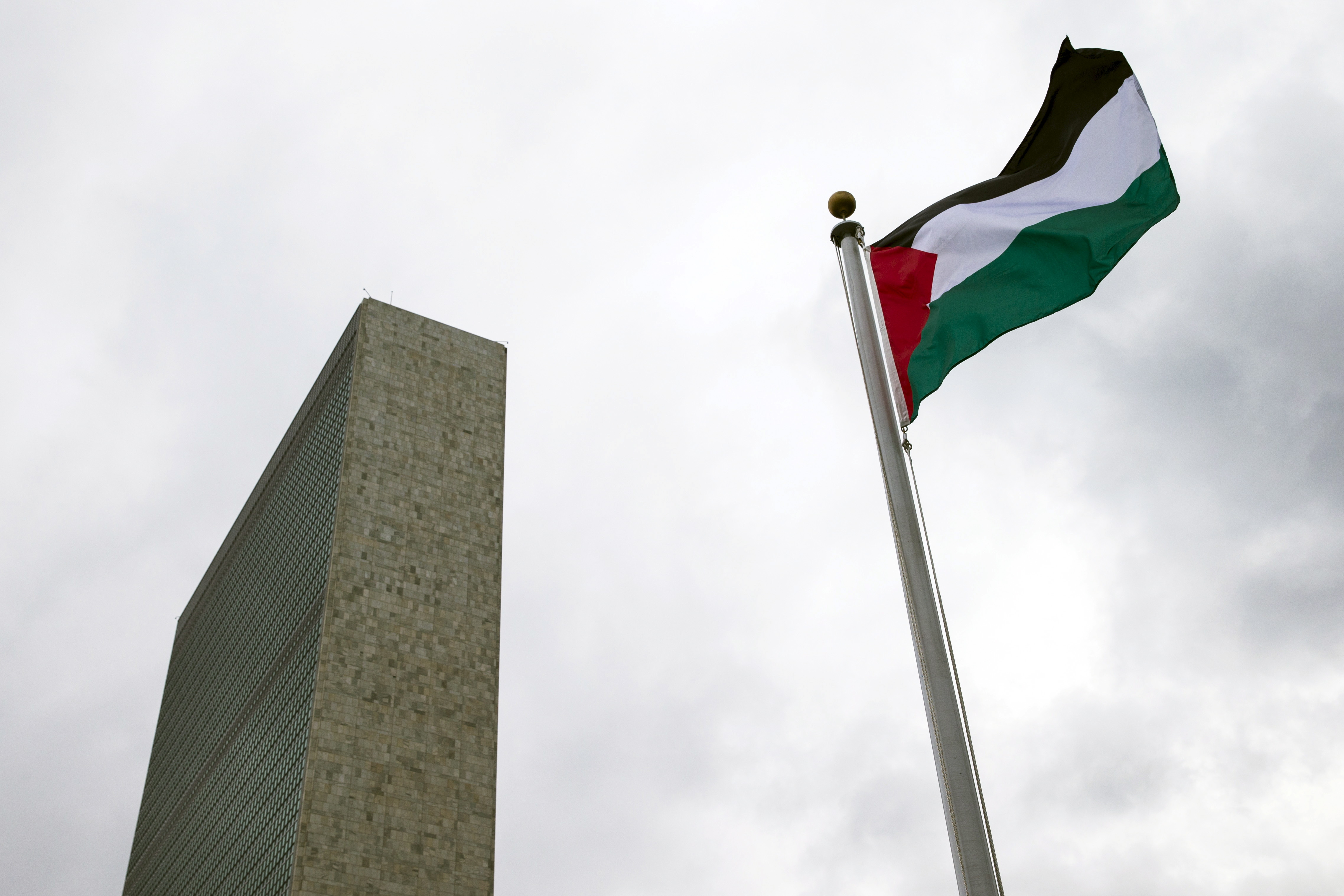 The Palestinian flag flies after being raised by Palestinian President Mahmoud Abbas in a ceremony the United Nations General Assembly at the United Nations in Manhattan