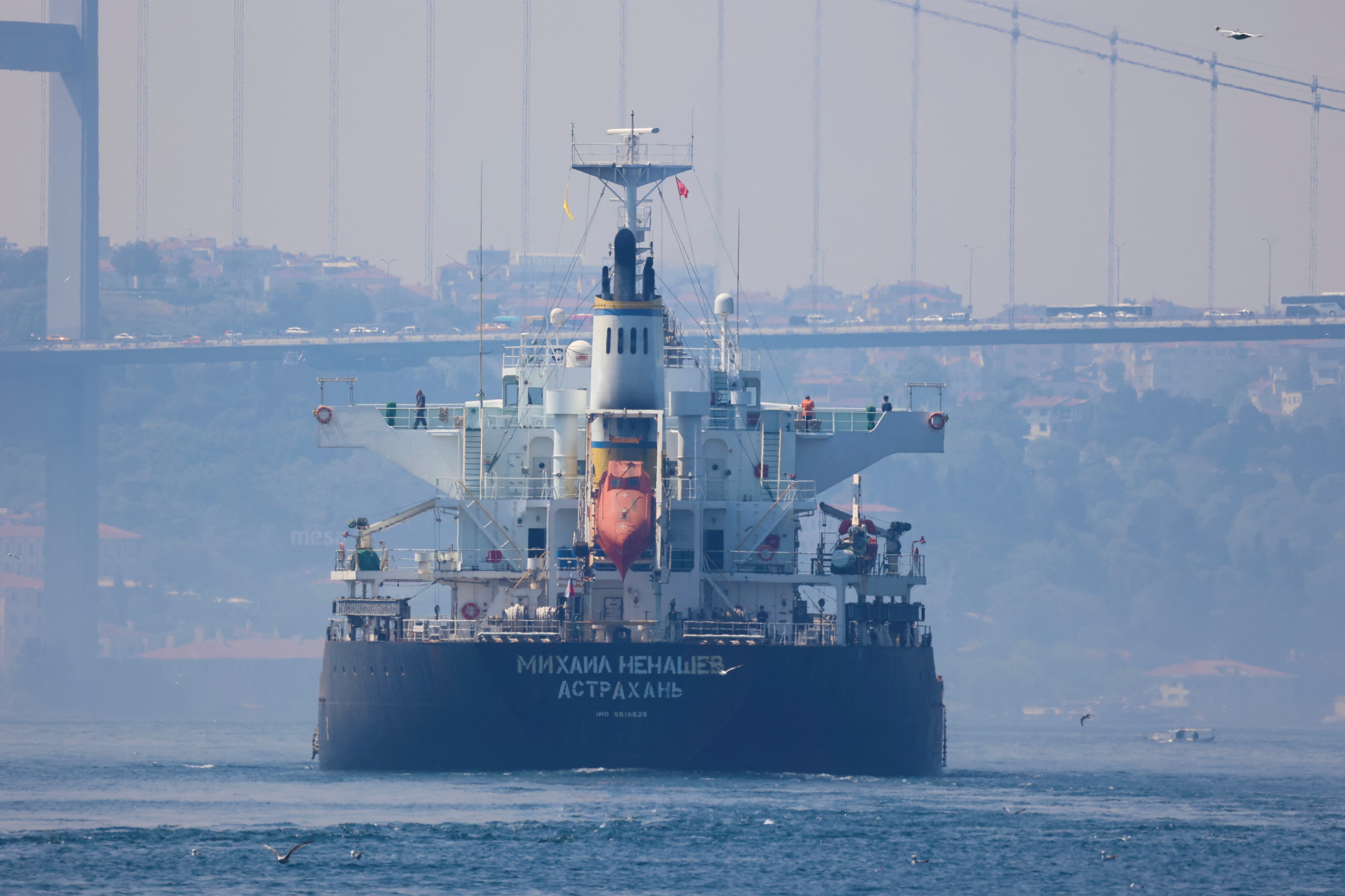 Russian-flagged bulk carrier Mikhail Nenashev sails in Istanbul's Bosphorus