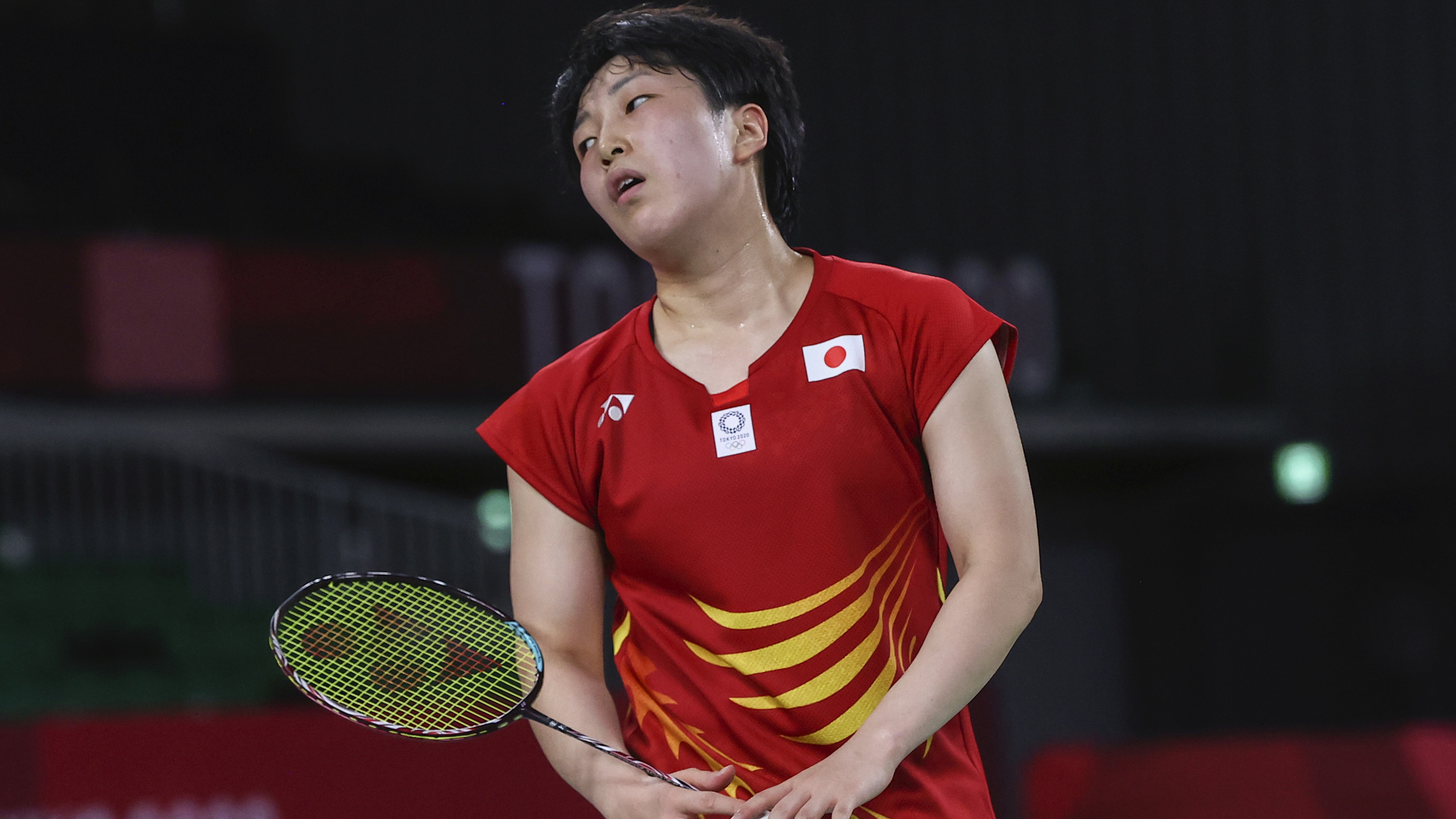Tokyo 2020 Olympics - Badminton - Women's Singles - Quarterfinal - MFS - Musashino Forest Sport Plaza, Tokyo, Japan – July 30, 2021. Akane Yamaguchi of Japan reacts during the match against P.V. Sindhu of India. REUTERS/Leonhard Foeger