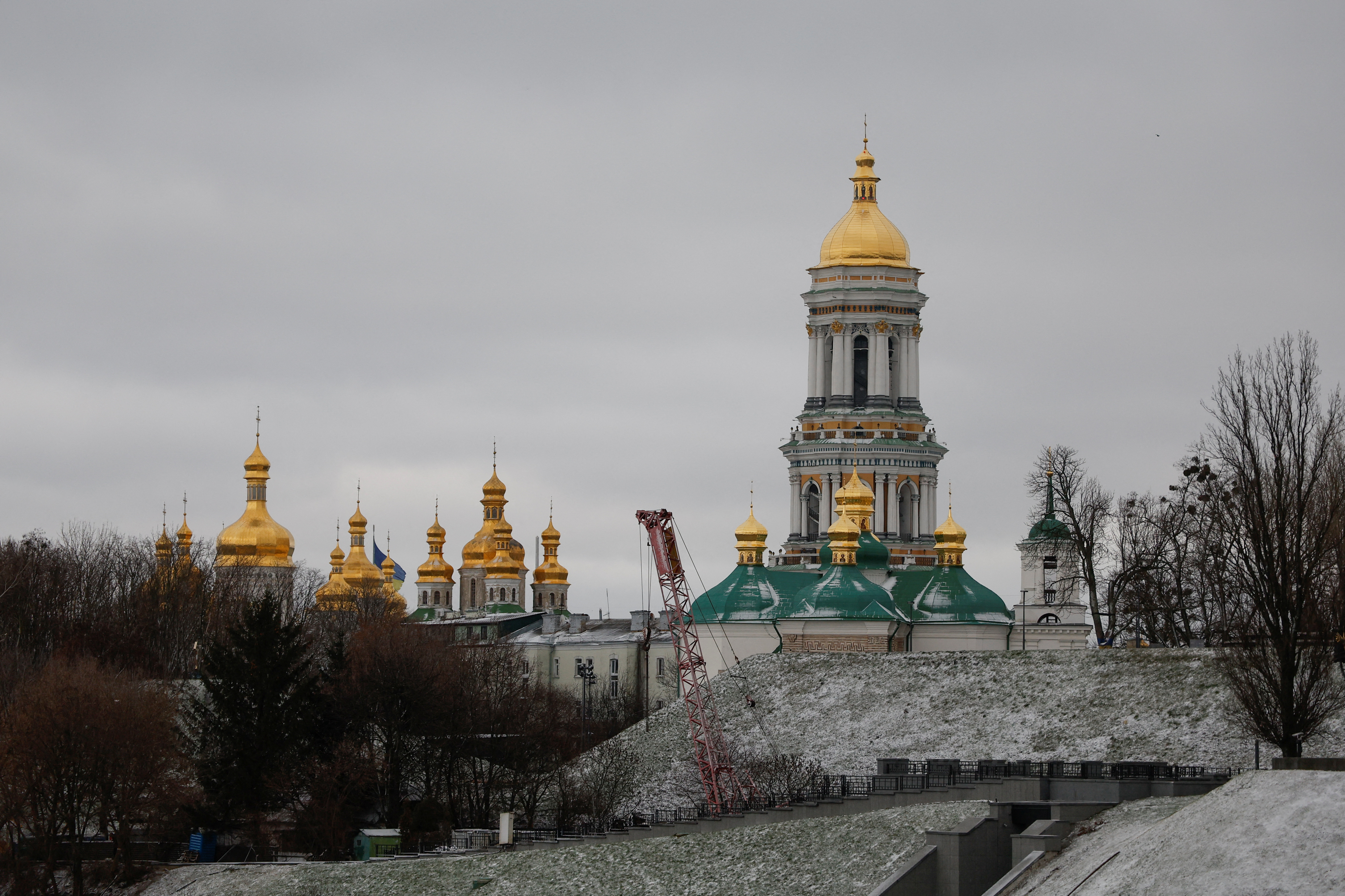 View shows the Great Bell Tower of the Kyiv Pechersk Lavra monastery in Kyiv