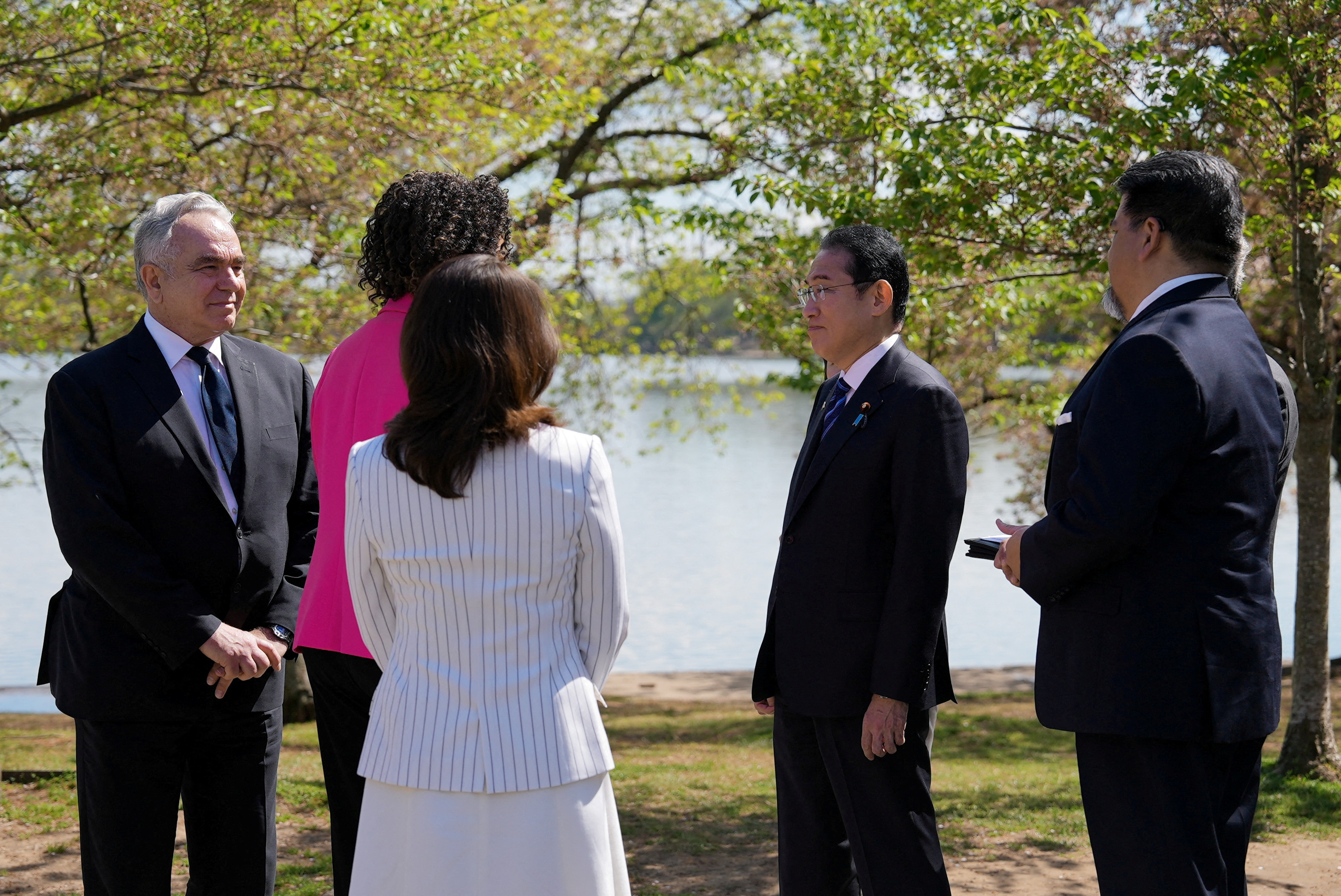 Japanese Prime Minister Fumio Kishida and his wife Yuko Kishida attend an event to pledge 250 new cherry blossom trees to the city of Washington