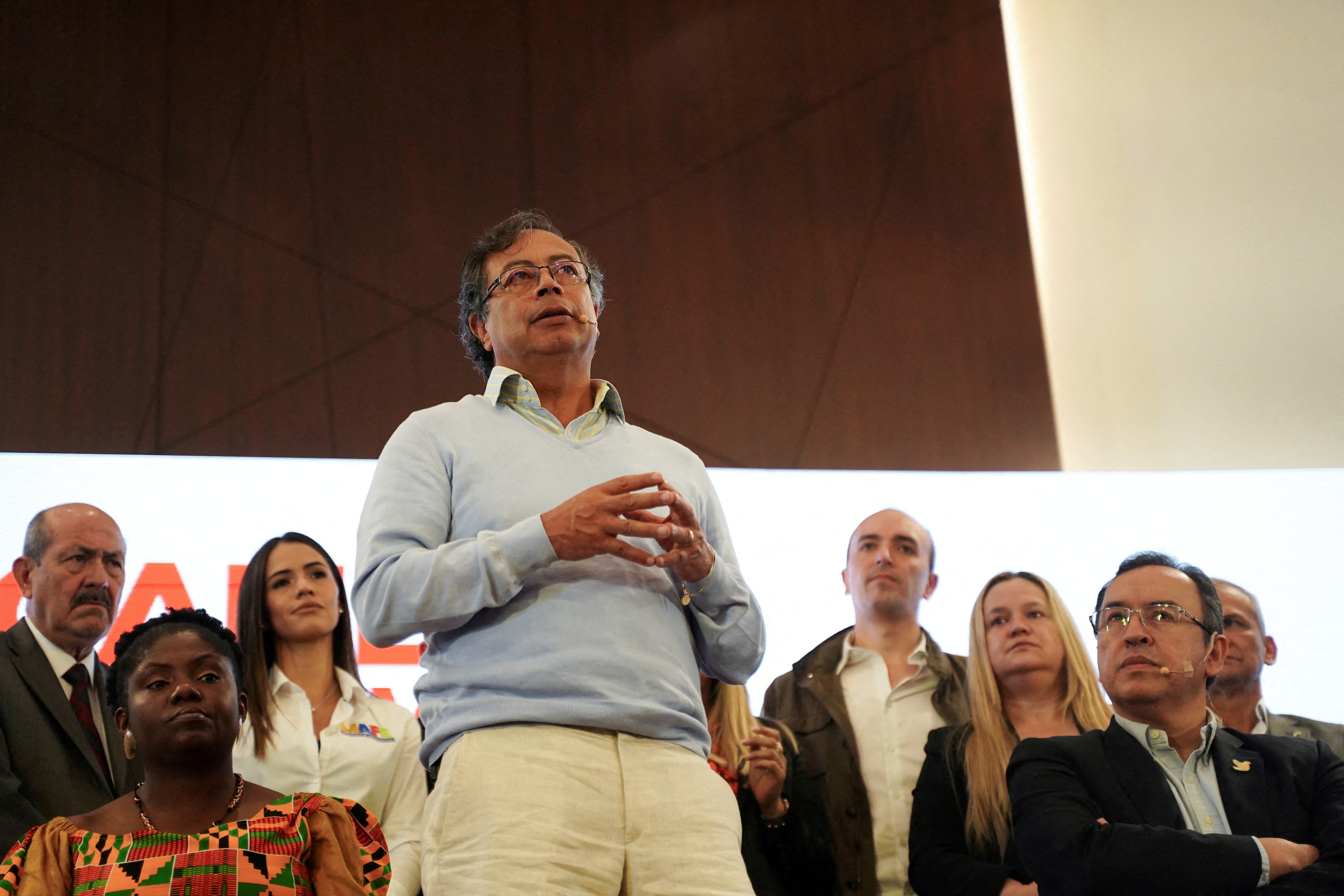 Colombian left-wing presidential candidate Gustavo Petro of the Coalition Historic Pact party speaks during the announcement of his chief debater in Bogota