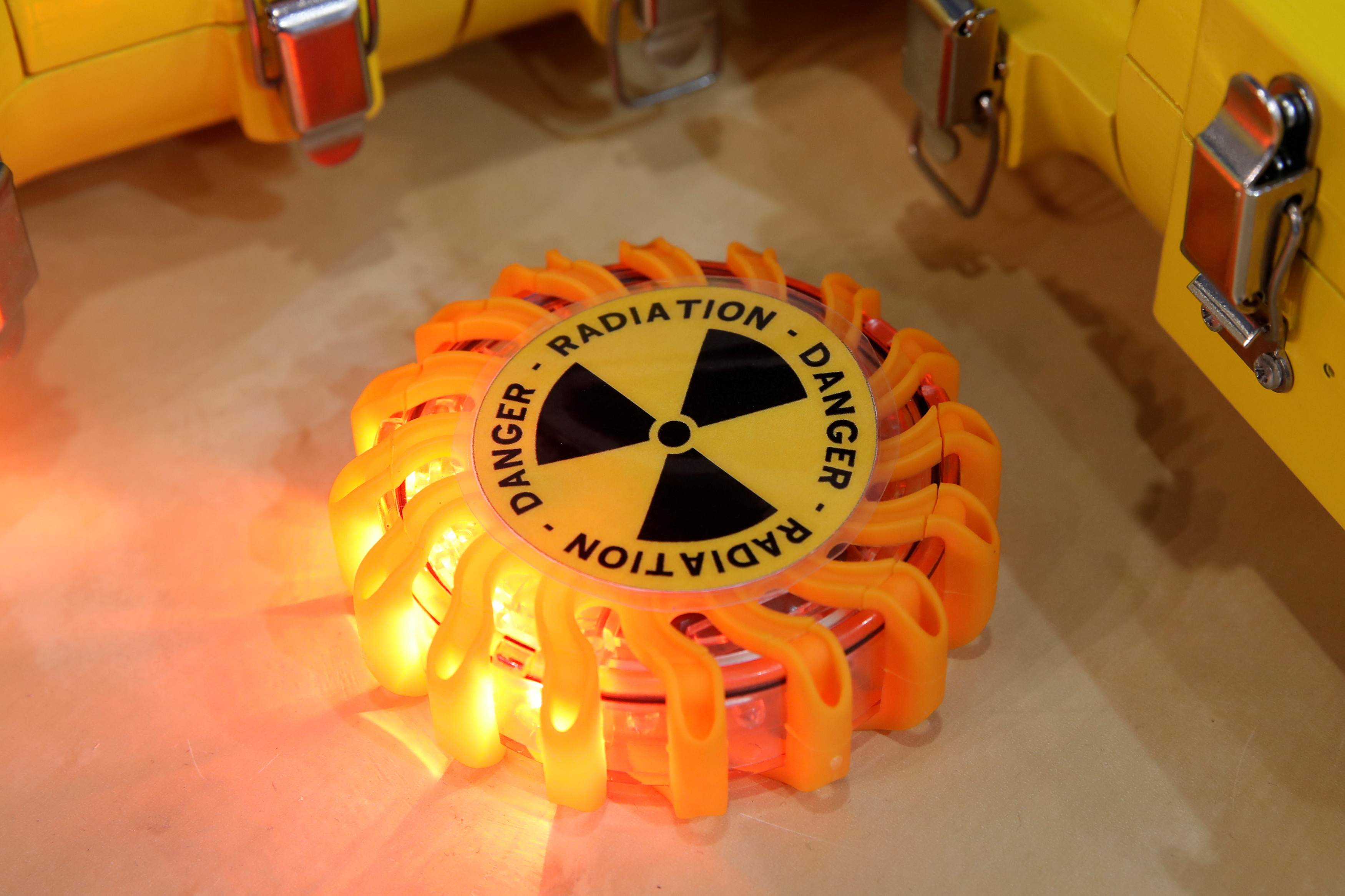 A radioactivity symbol is pictured at the World Nuclear Exhibition (WNE), the trade fair event for the global nuclear community in Villepinte