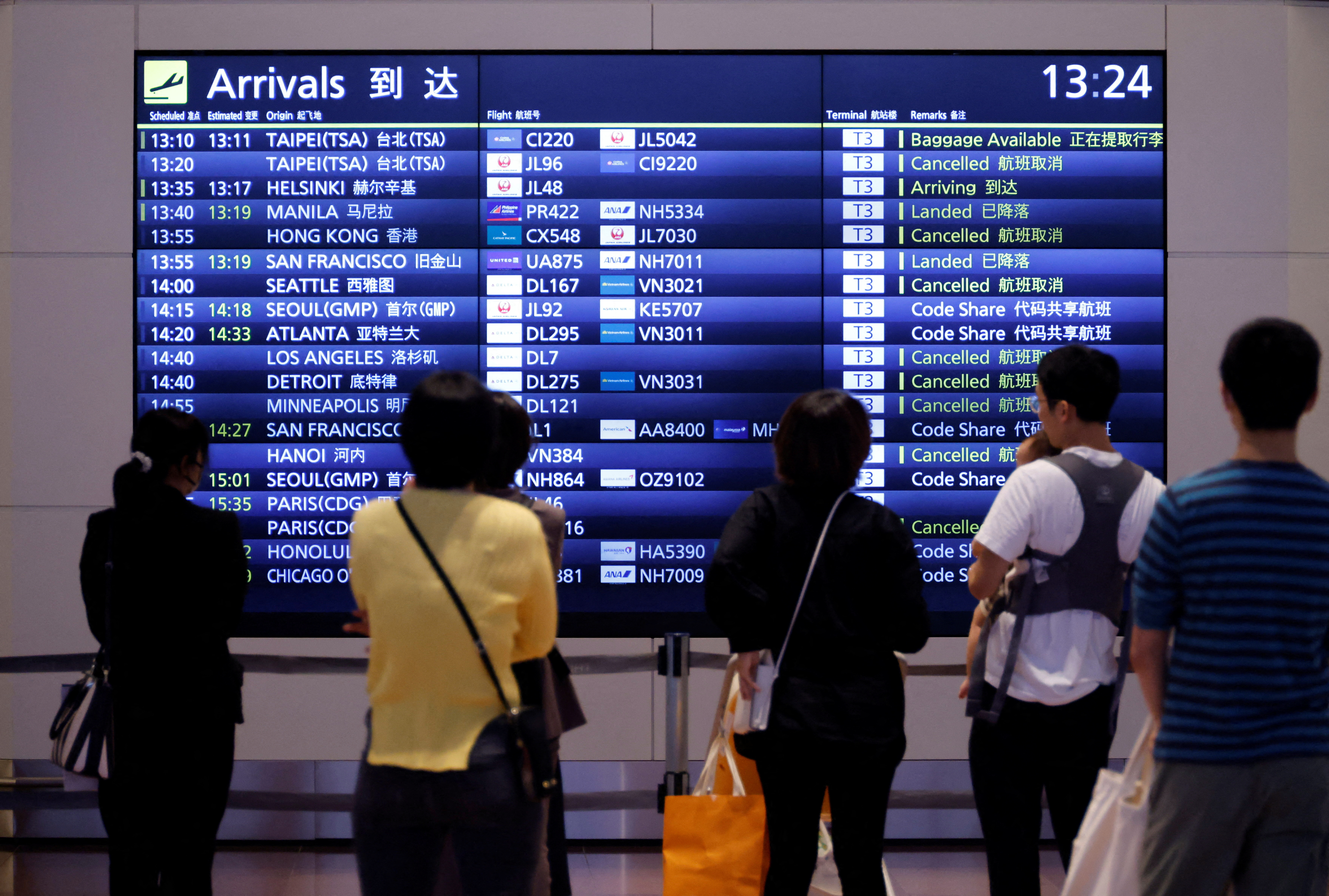 People stand in front of a flight information board at the Haneda International Airport as Japan reopens for visa-free travel in Tokyo