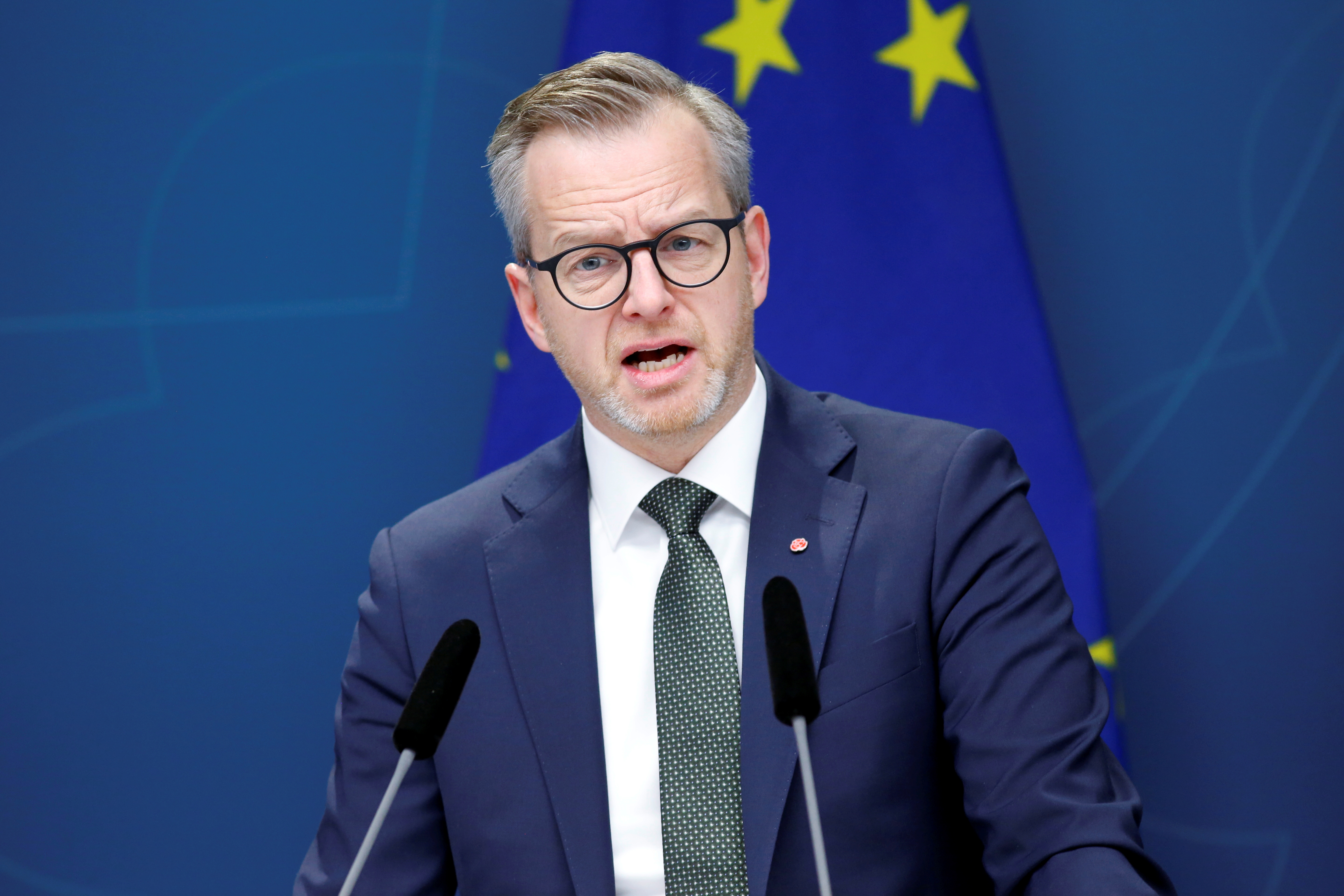 Swedish Finance Minister Mikael Damberg attends a press conference to propose relief for households affected by high electricity prices, in Rosenbad
