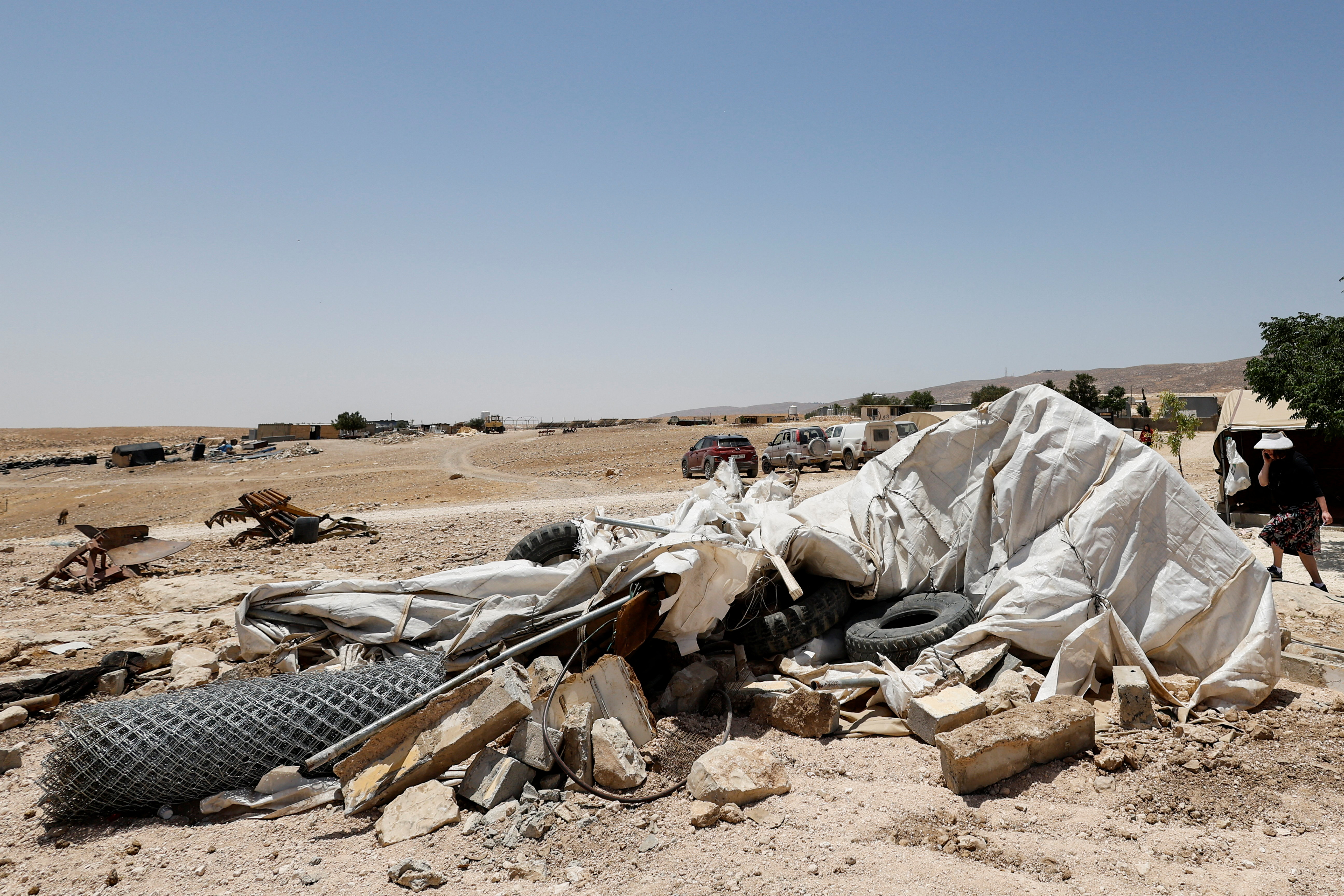 Palestinian Wadha Abu Sabha's tent is seen after it was demolished by the Israeli army, in Masafer Yatta