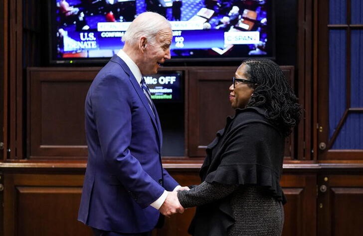 U.S. President Joe Biden watches as Senate votes on Judge Ketanji Brown Jackson's nomination to the U.S. Supreme Court, from the White House in Washington