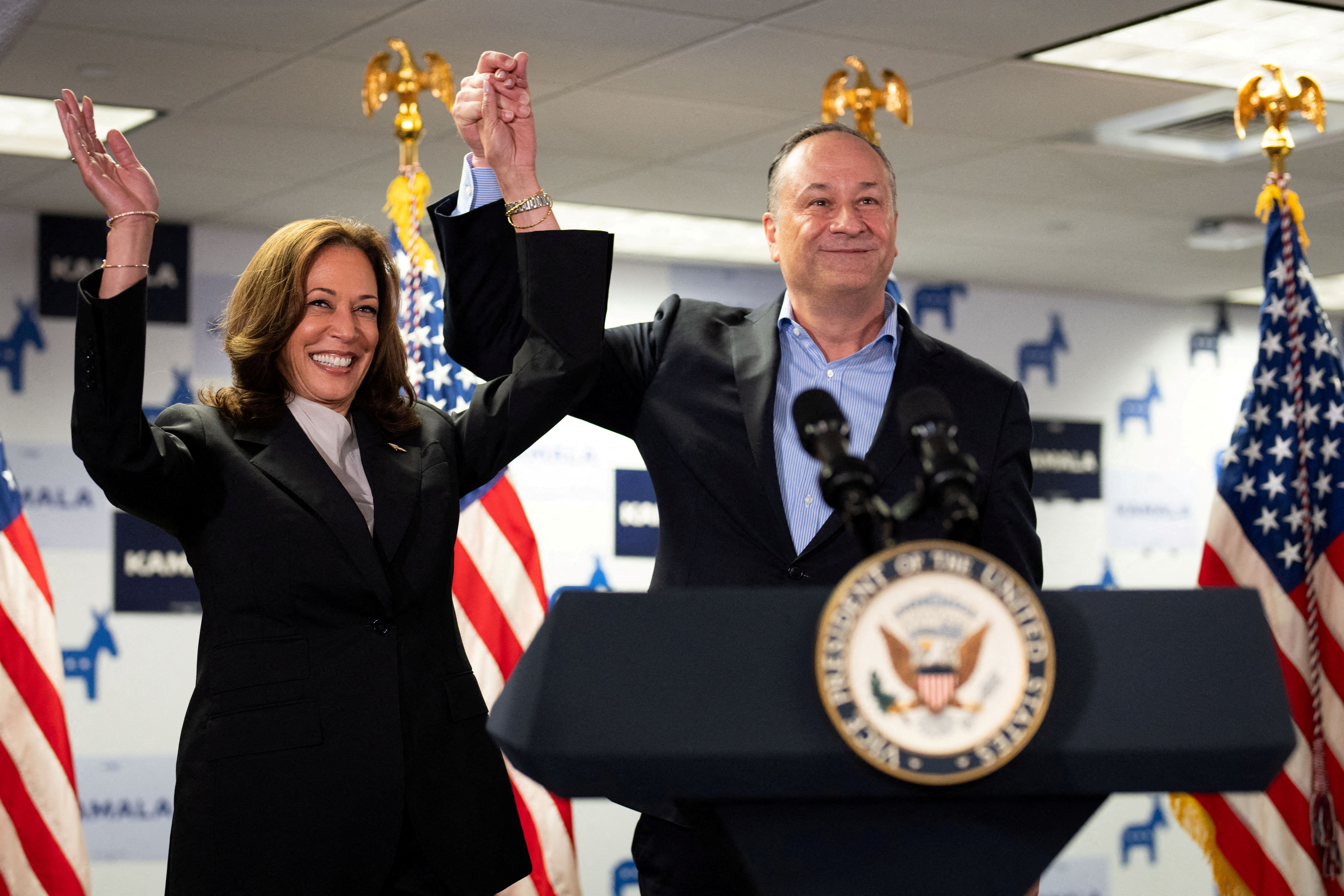 U.S. Vice President Kamala Harris arrives at her Presidential Campaign headquarters in Wilmington