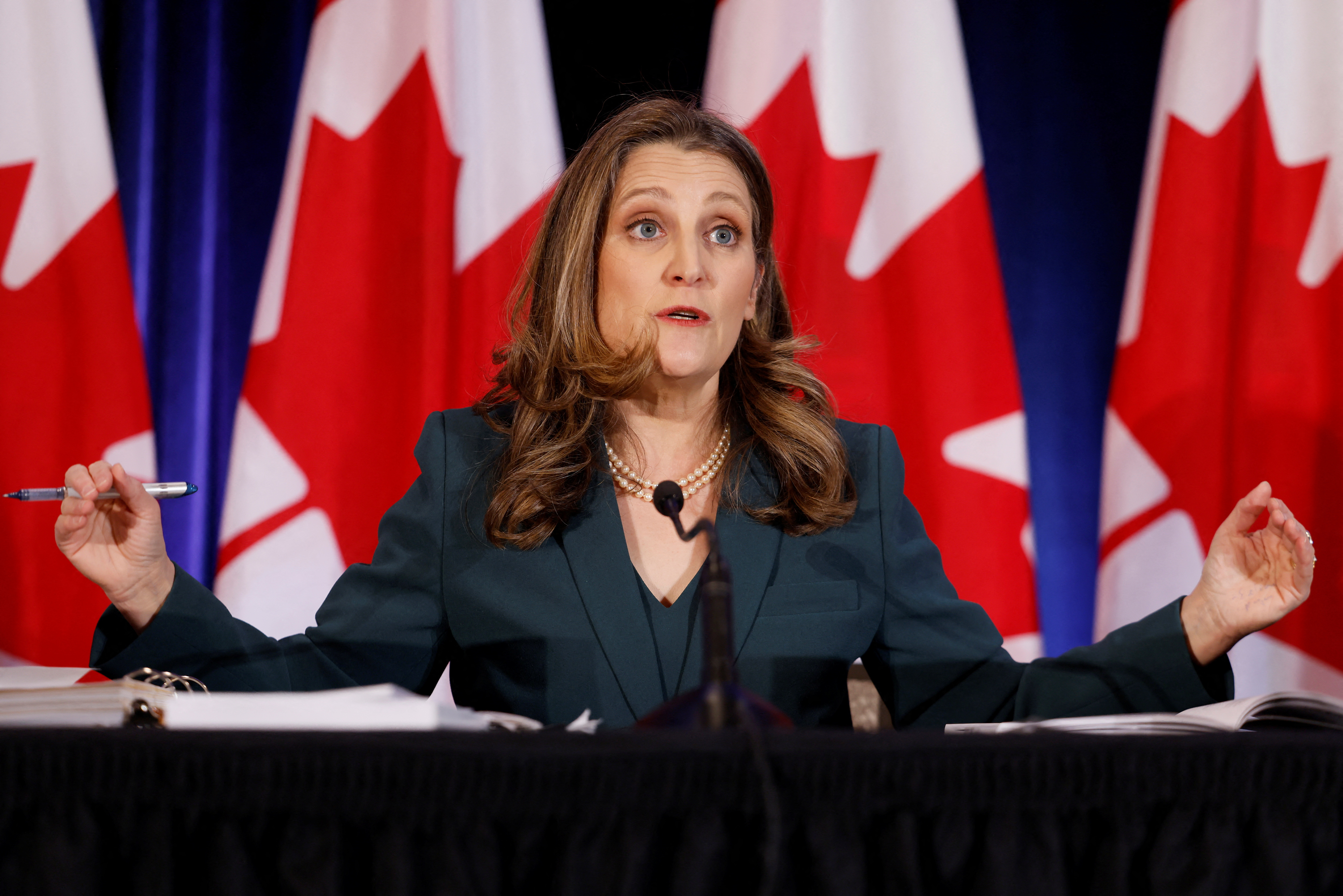 Canada's Deputy PM and Minister of Finance Freeland attends a news conference before delivering the federal budget in Ottawa