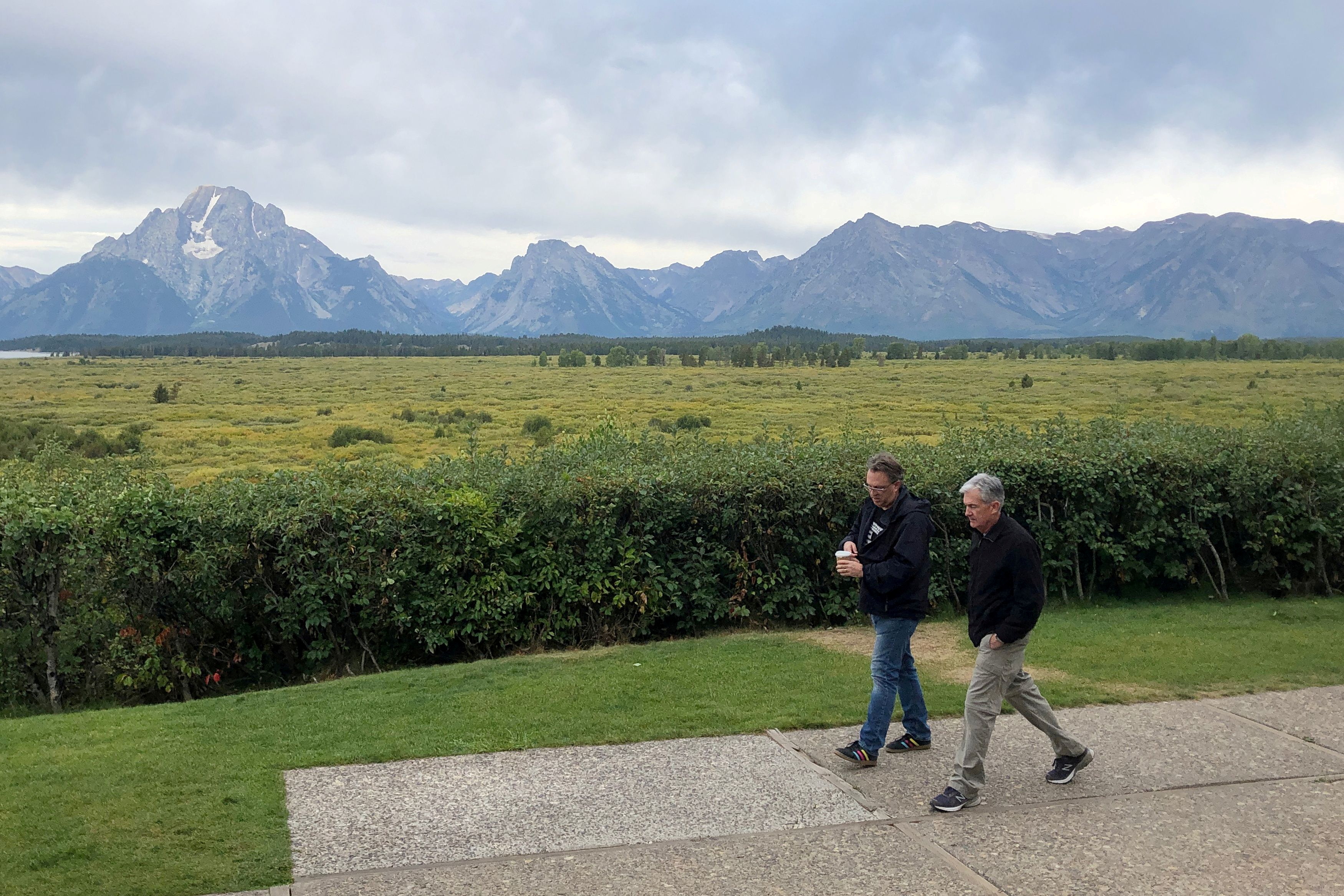 Federal Reserve Chair Jerome Powell and New York Federal Reserve President John Williams walk together in Jackson Hole
