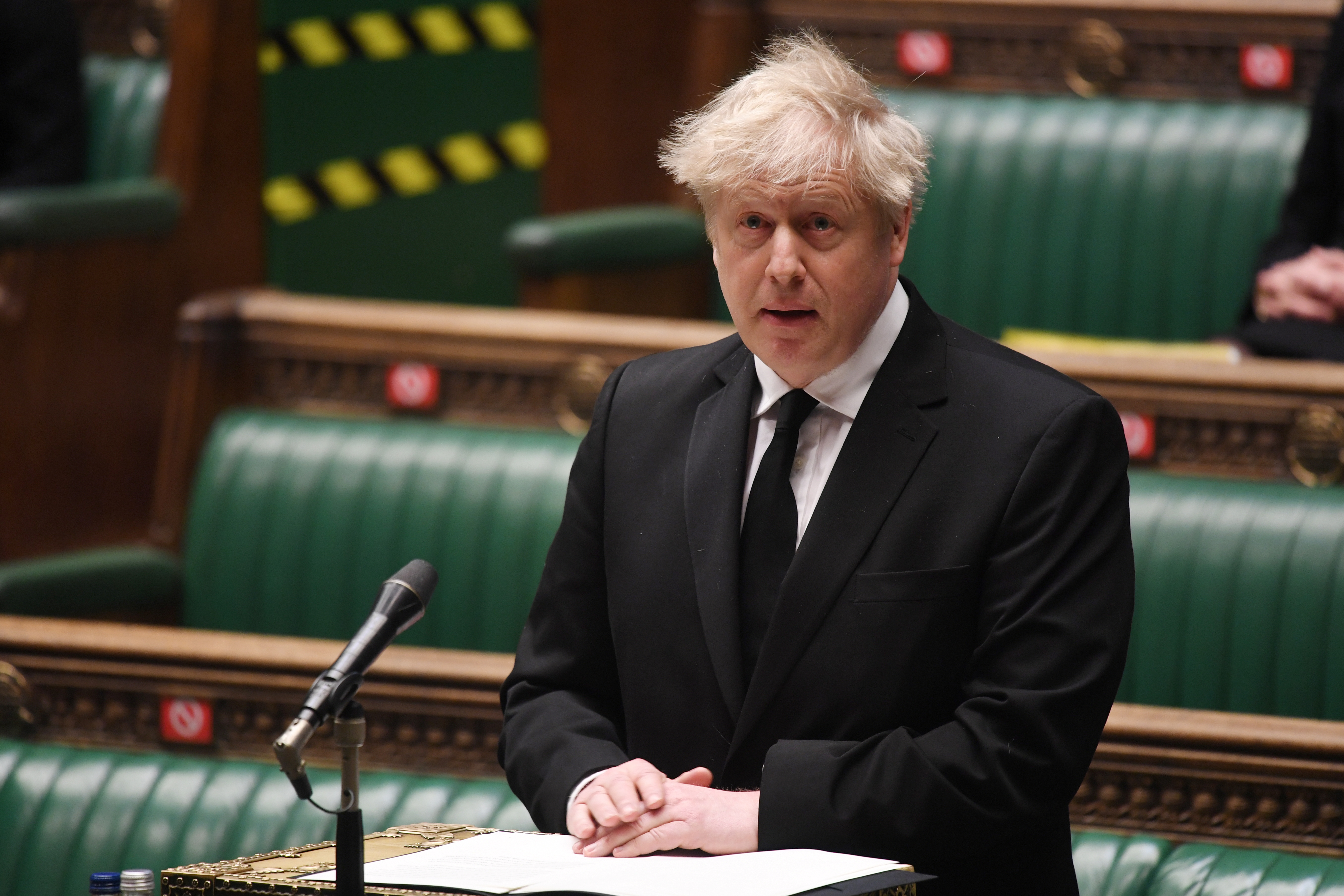 Britain's Prime Minister Boris Johnson speaks during a tribute to HRH Prince Philip, Duke of Edinburgh in London