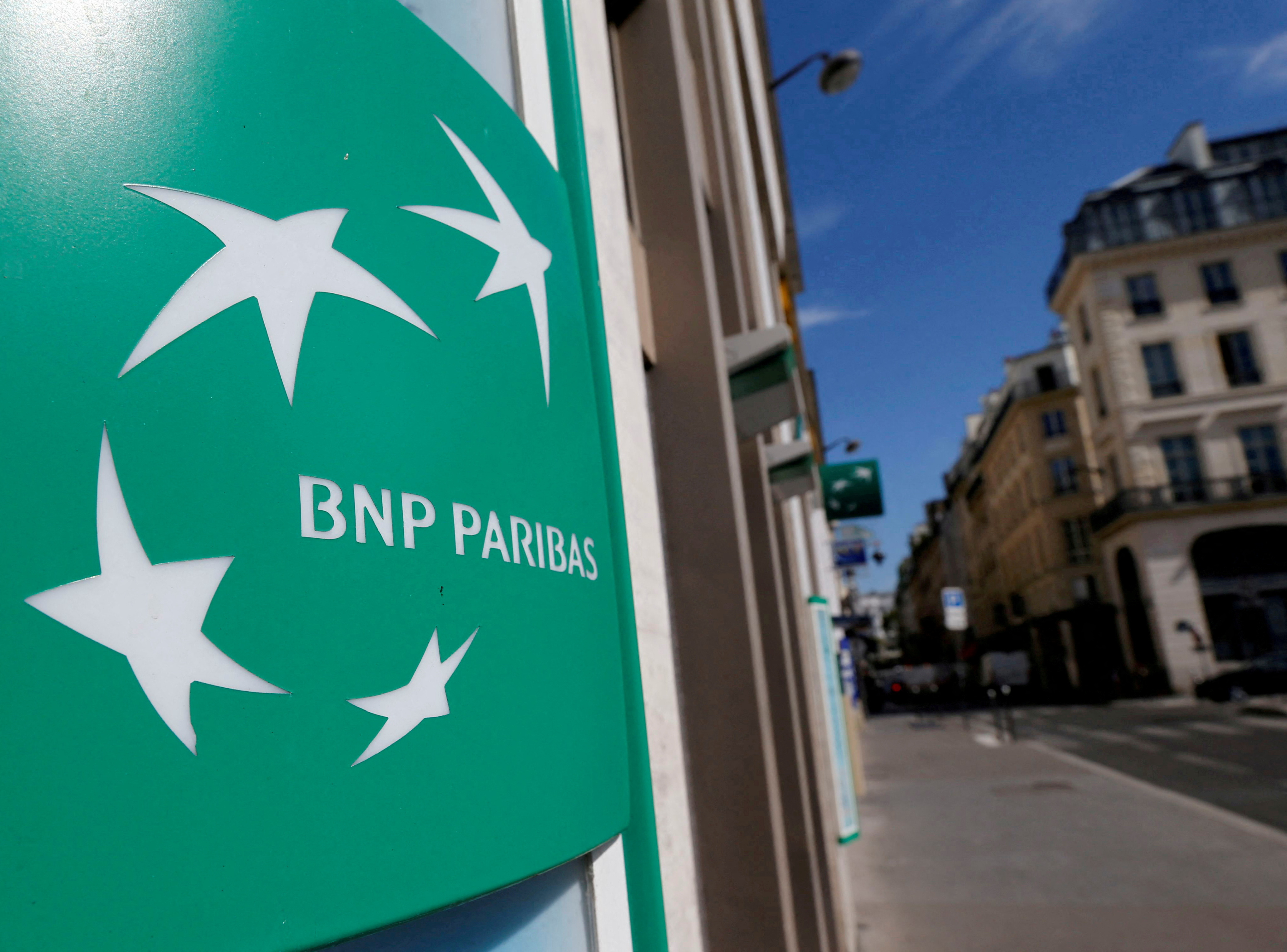 A BNP Paribas logo is seen outside a bank office in Paris