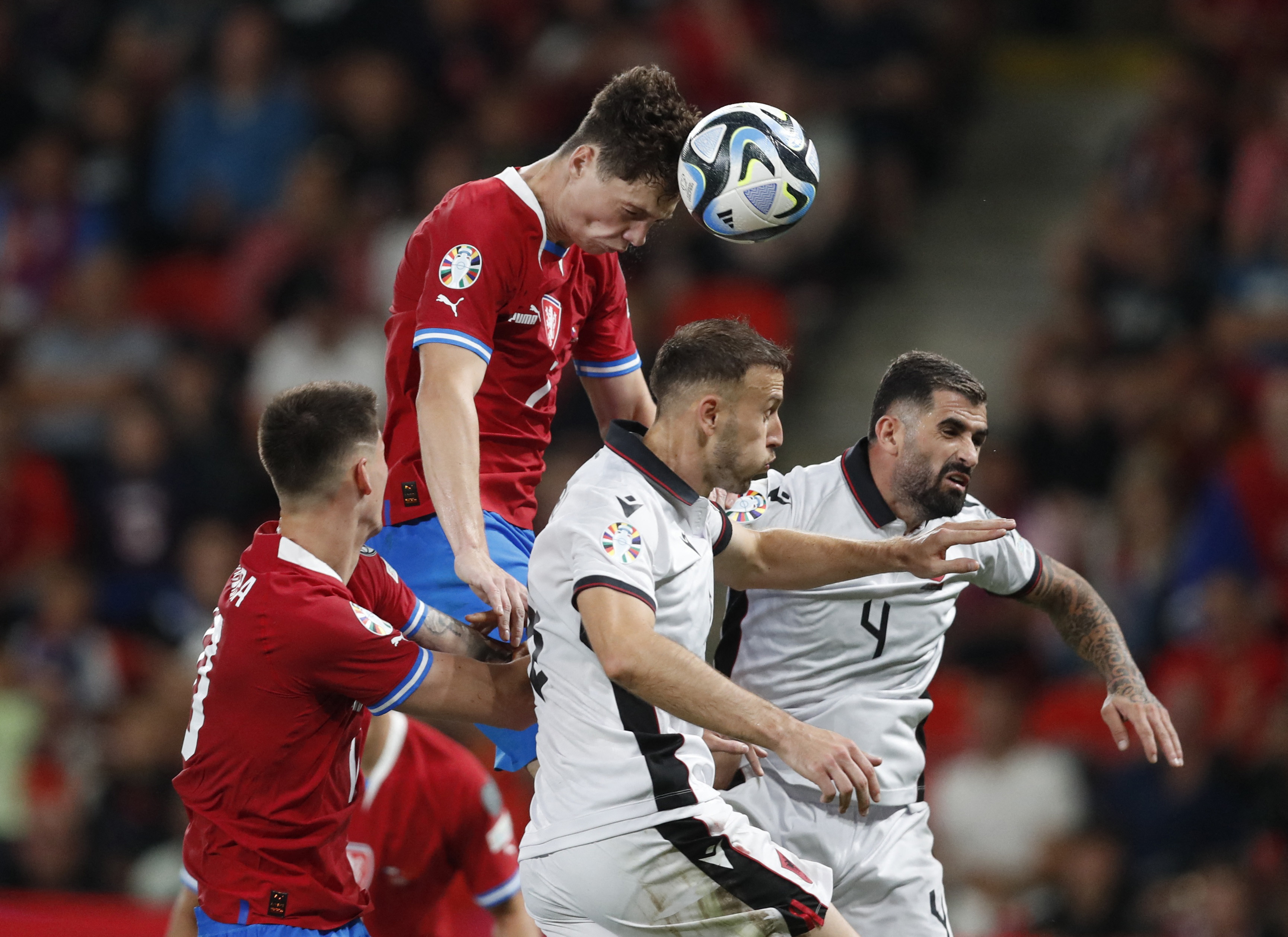  A header between Czech Republic and Turkey players during the Euro 2024 match.