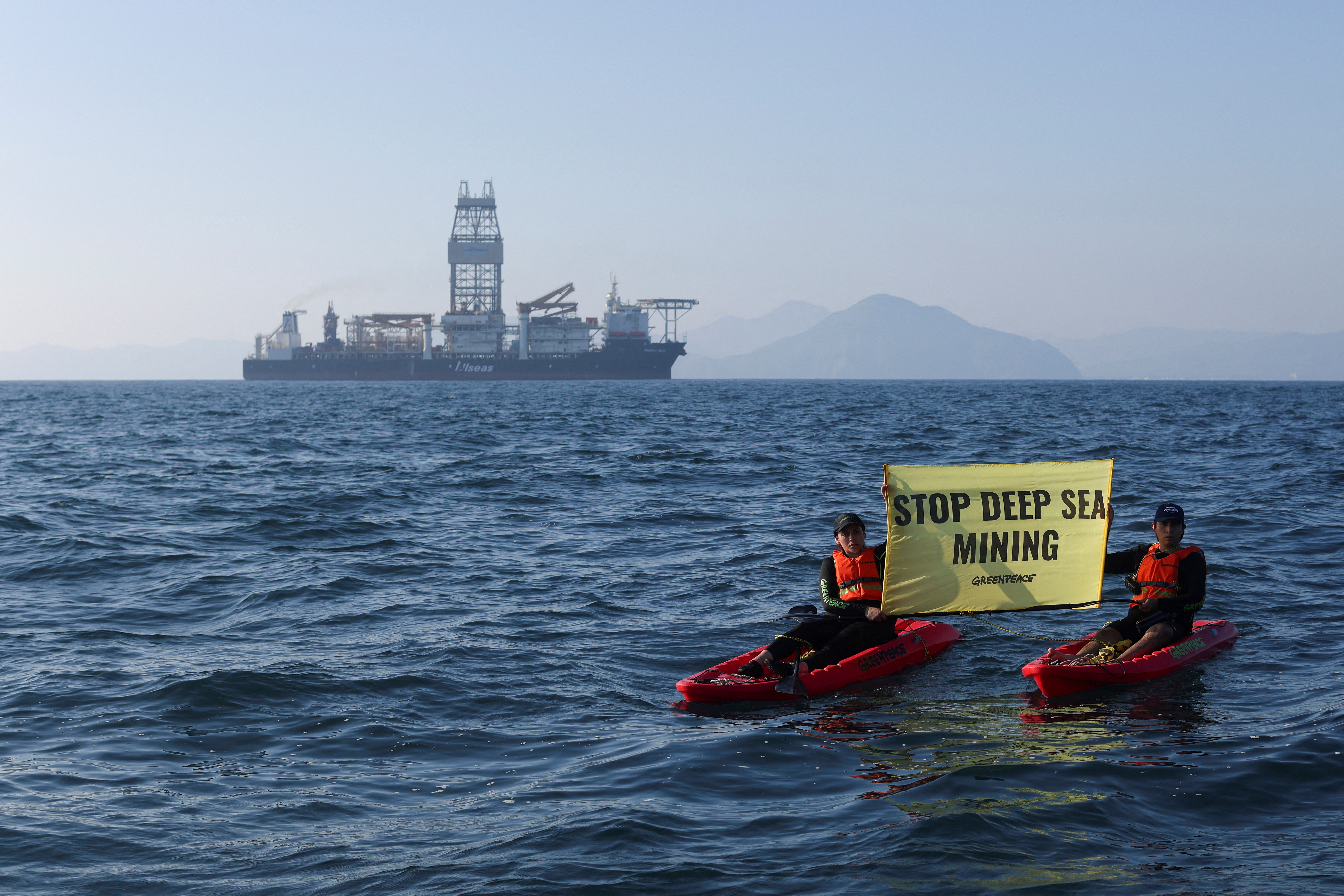 Greenpeace activists confront the deep sea mining vessel Hidden Gem