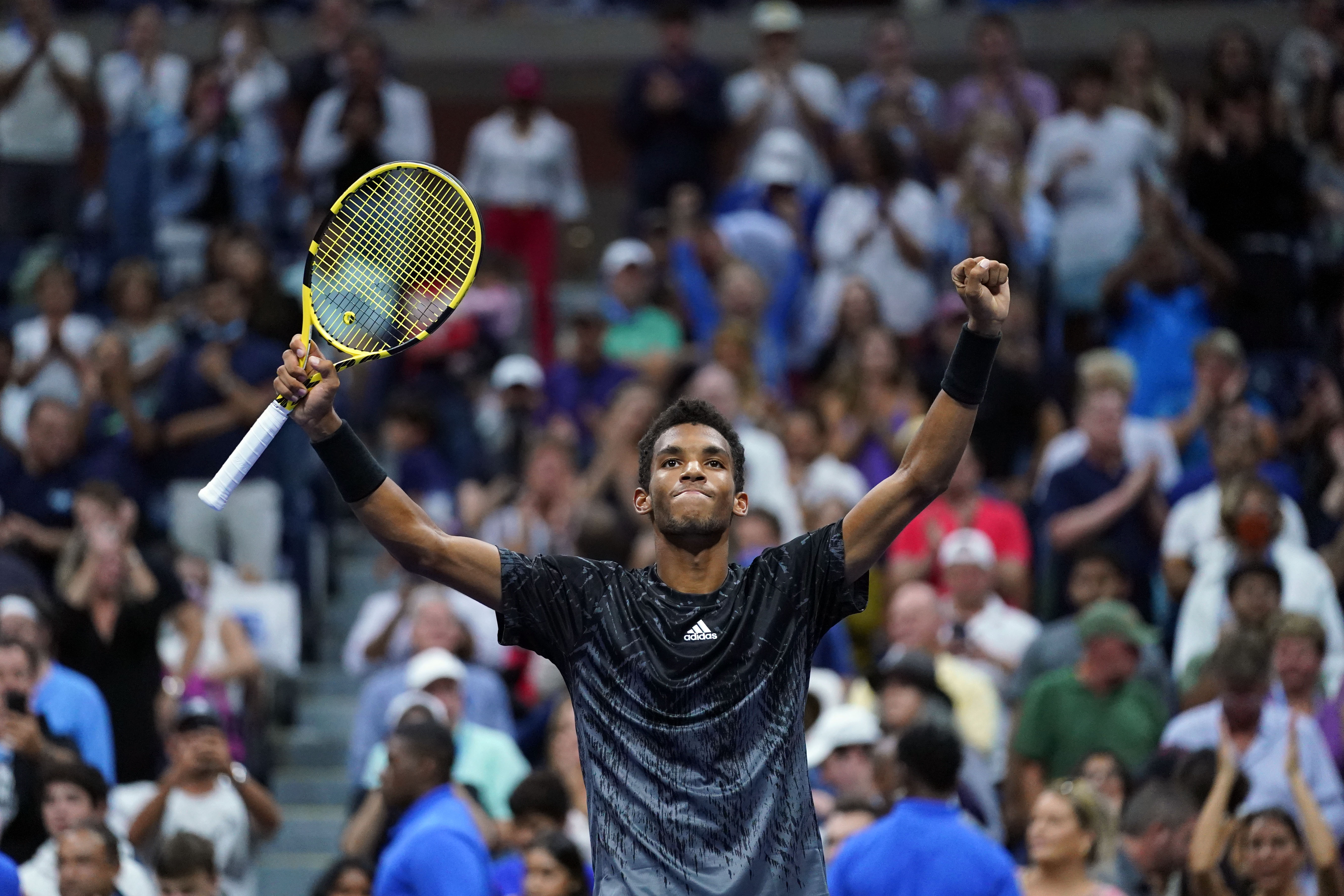 Sep 5, 2021; Flushing, NY, USA; Felix Auger-Aliassime of Canada defeats Frances Tiafoe of the United States (not pictured) on day seven of the 2021 U.S. Open tennis tournament at USTA Billie Jean King National Tennis Center. Mandatory Credit: Danielle Parhizkaran-USA TODAY Sports