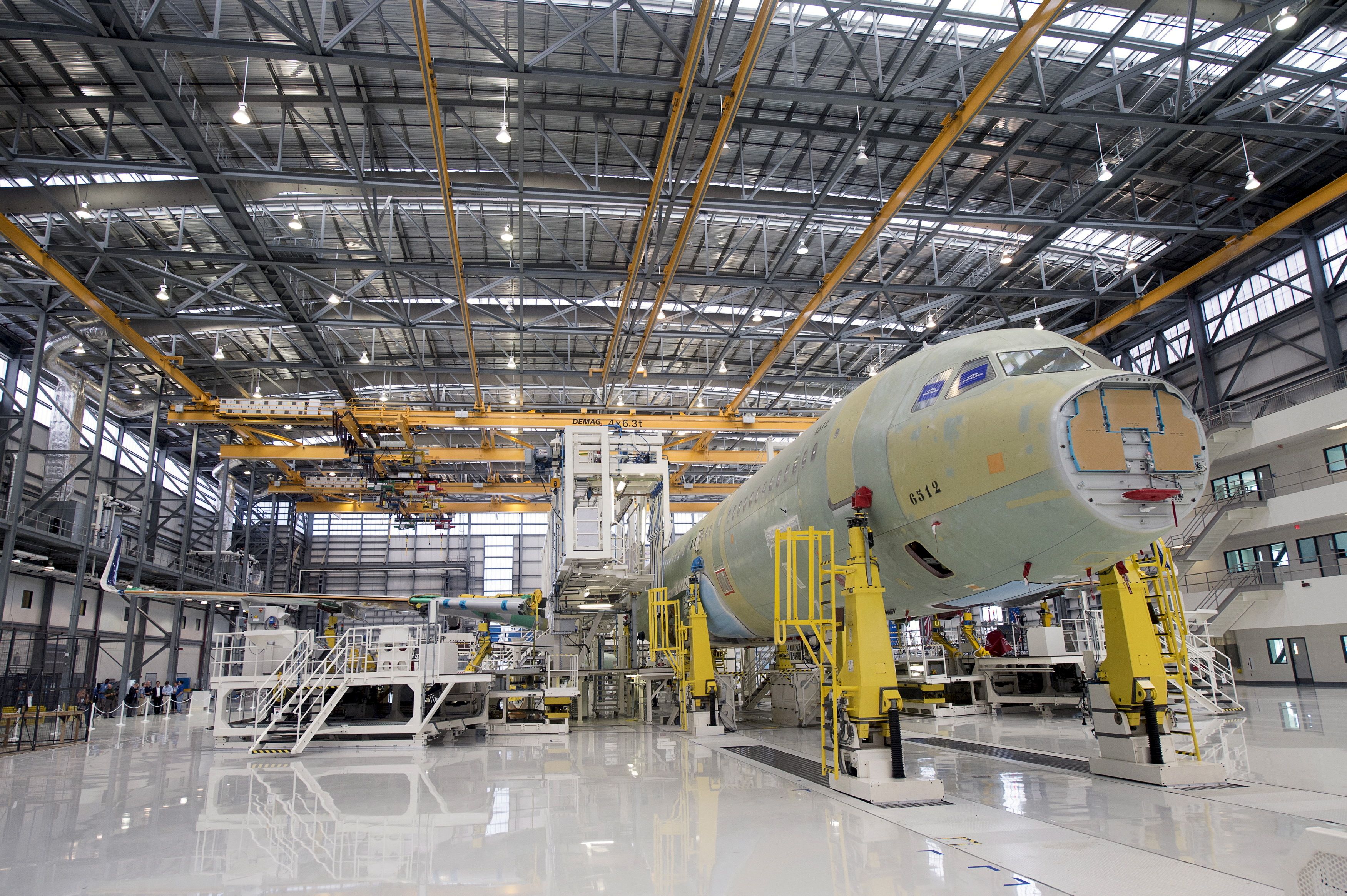 An Airbus A321 is being assembled in the final assembly line hangar at the Airbus U.S. Manufacturing Facility in Mobile