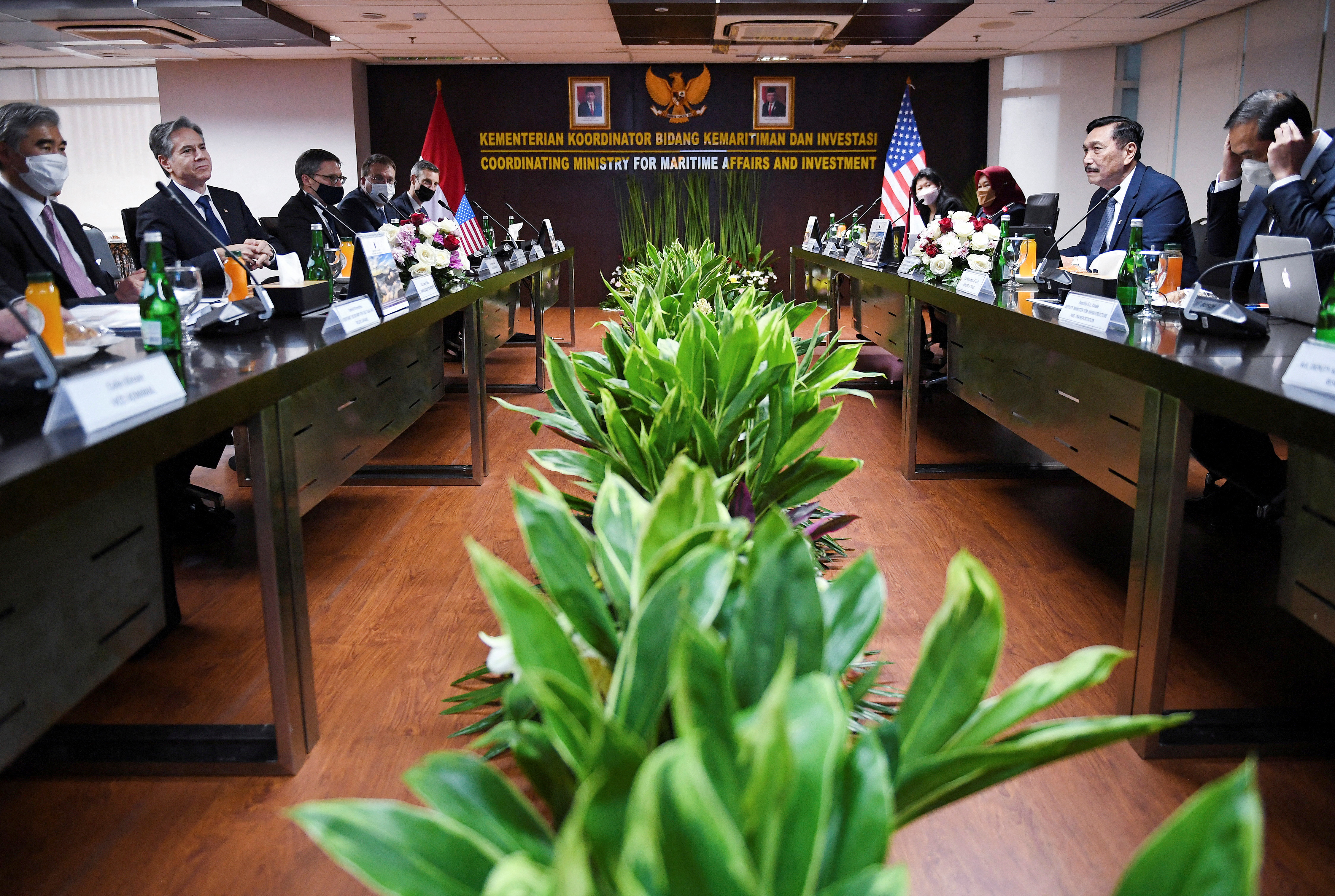U.S. Secretary of State Antony Blinken meets with the Coordinating Minister for Maritime Affairs and Investment Luhut Binsar Pandjaitan at the Coordinating Ministry for Maritime Affairs and Investment in Jakarta