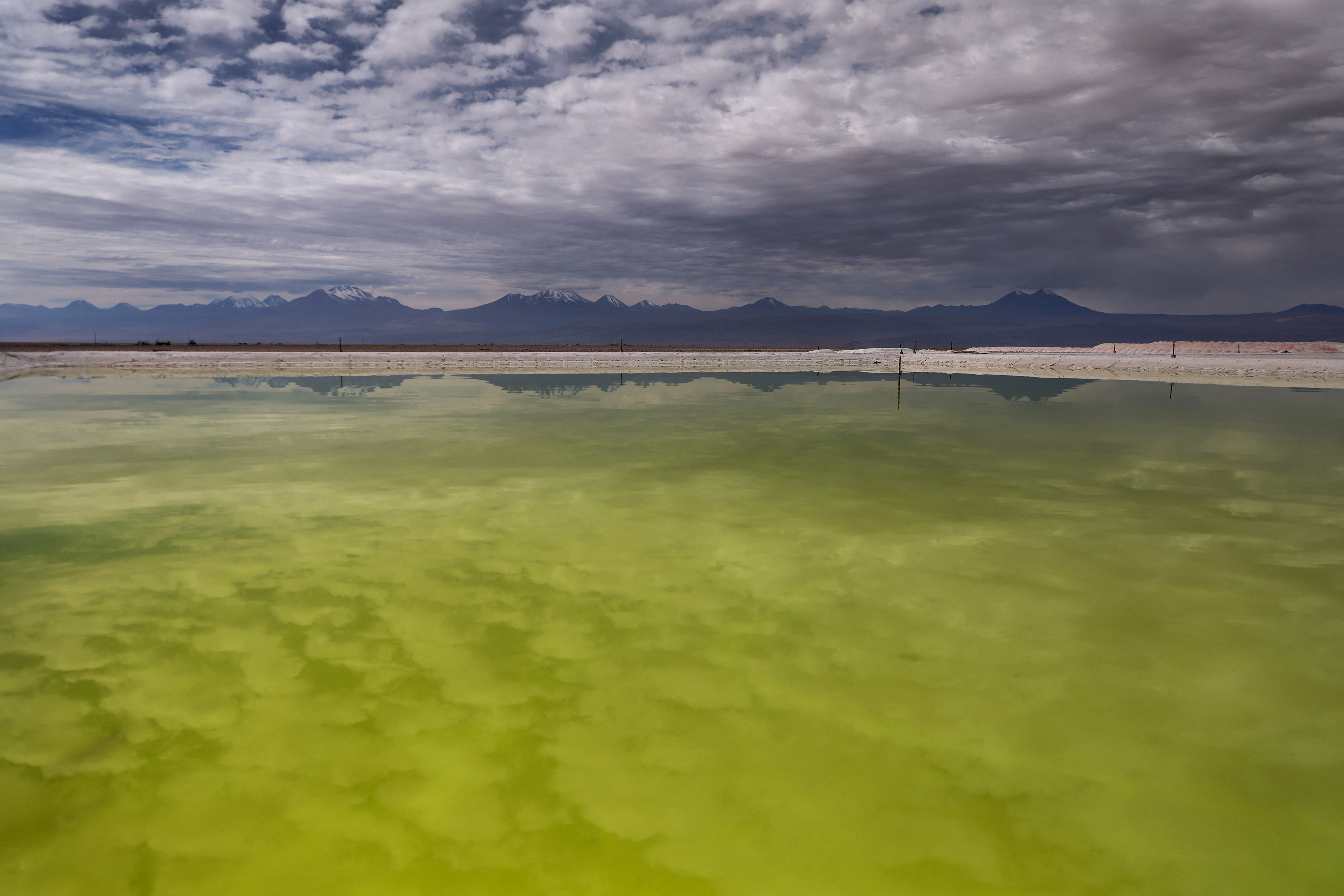 A view shows a concentrate brine pool of Albemarle Chile lithium plant placed on the Atacama salt flat